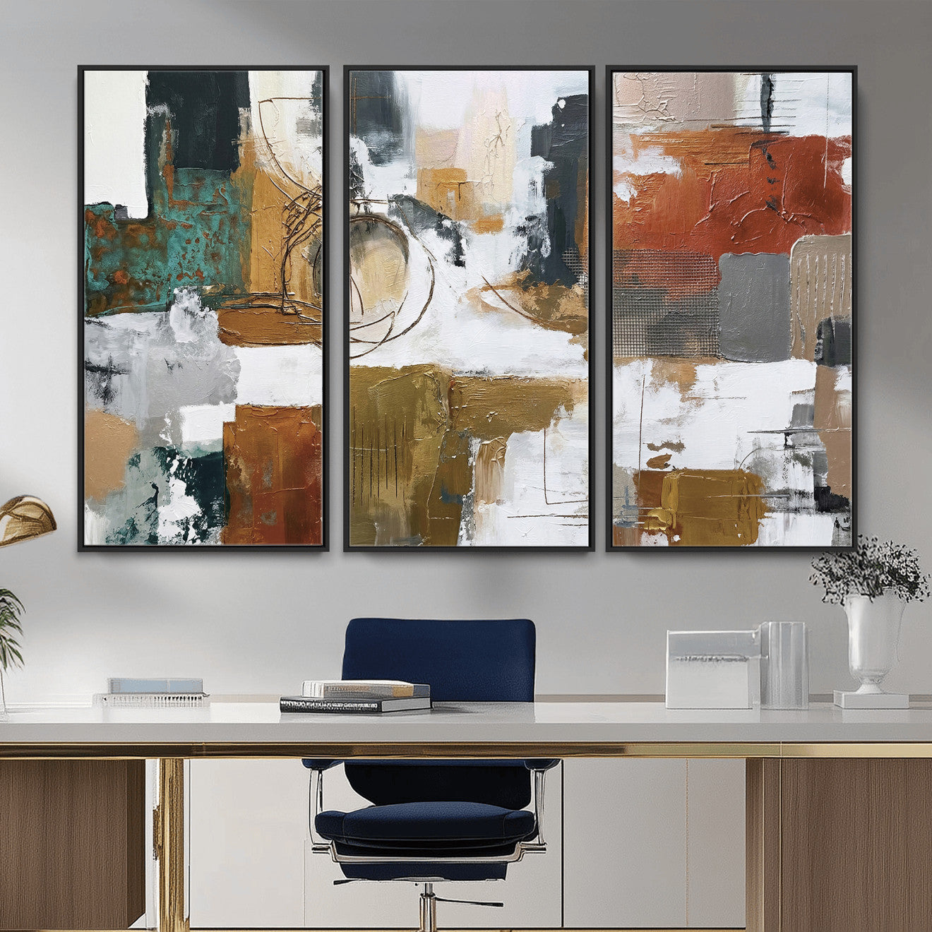 50720312-MGV-CV-36X24 - Blue Teal Abstract Canvas Wall Art, Modern Textured Painting Print, Navy Orange White Contemporary Art, Neutral Living Room Decor, Office Art