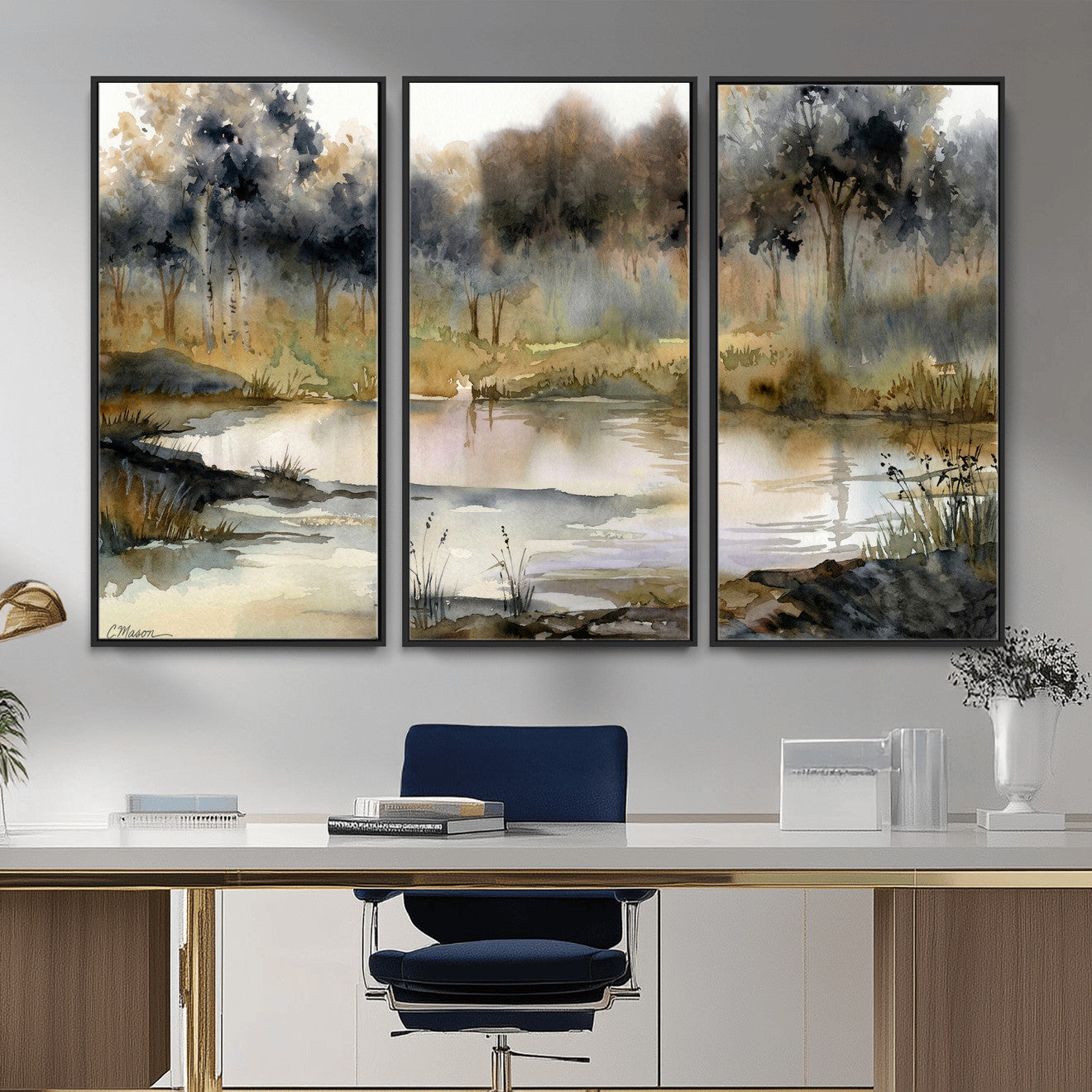 27383609-MGV-CV-36X24 - Abstract Watercolor Autumn Lake Canvas Wall Art Print - Misty Forest Landscape, Rustic Nature Painting, Cabin Wall Decor - Ready to Hang