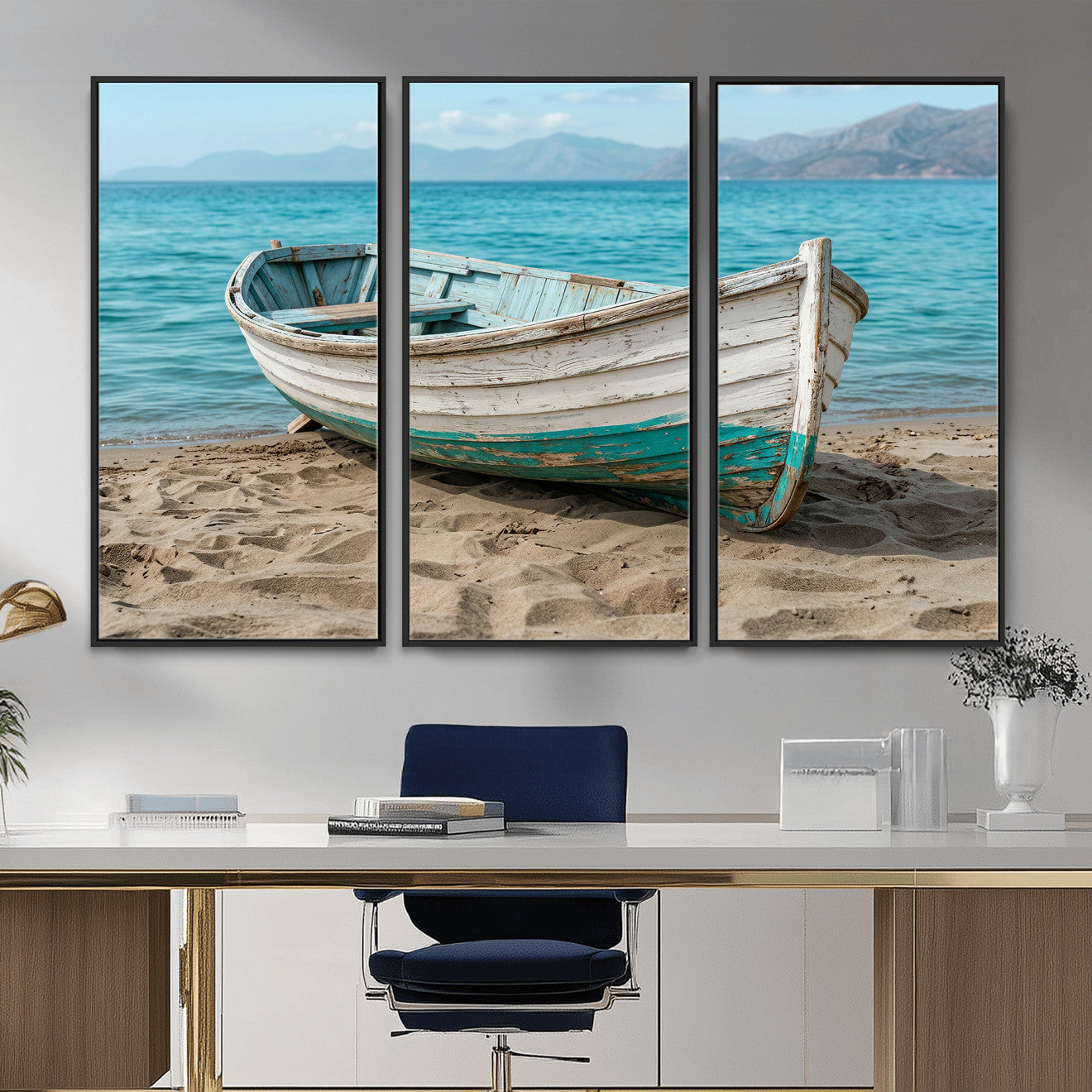 49963709-MGV-CV-36X24 - Coastal Boat Canvas Wall Art Print, Beach Boat Painting, Nautical Ocean Decor, Seascape Wall Art - Ready to Hang