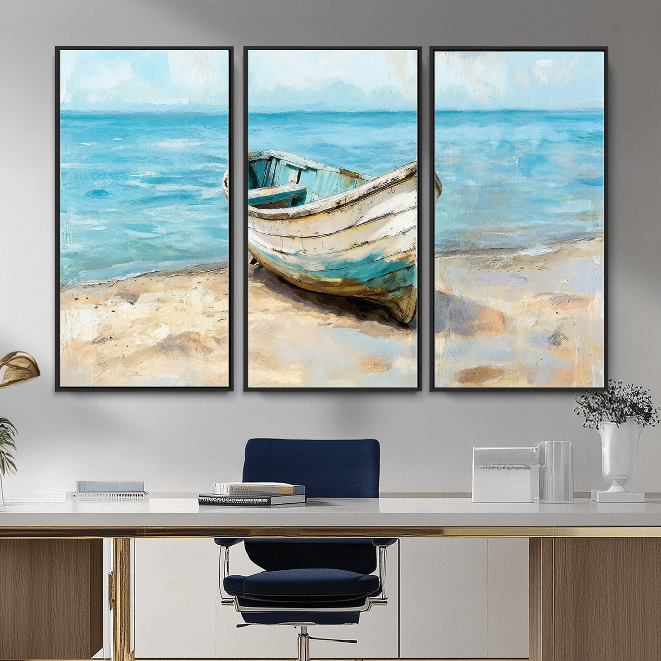 14780565-MGV-CV-36X24 - Coastal Boat Canvas Wall Art Print, Beach Boat Painting, Nautical Ocean Decor, Seascape Wall Art - Ready to Hang