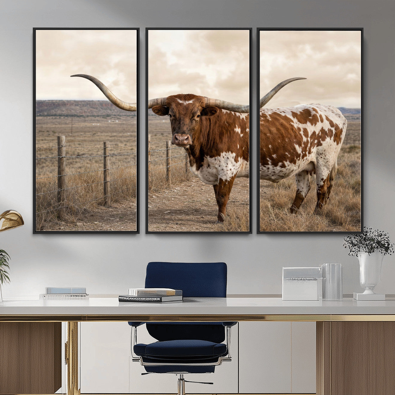 22808364-MGV-CV-36X24 - Texas Longhorn Cattle in Desert Pasture Wall Art Canvas Print - Rustic Western Decor