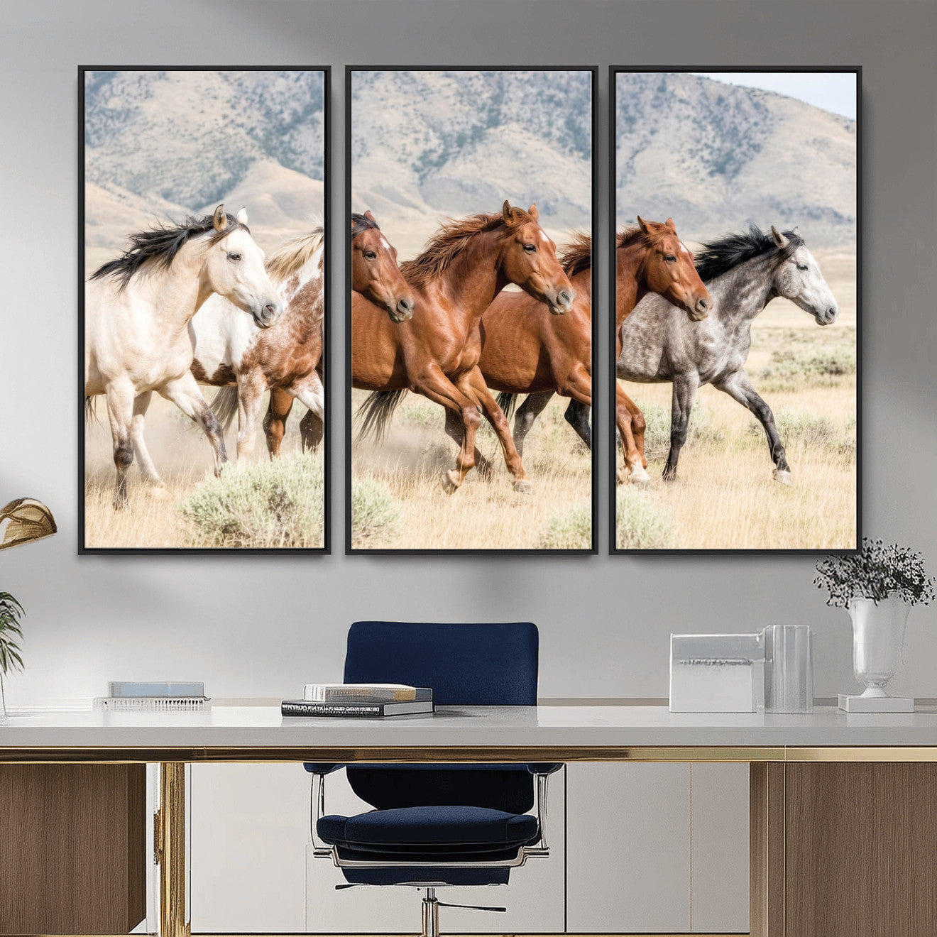 68345893-MGV-CV-36X24 - Five Mustangs Running Wild in Mountain Valley Wall Art Canvas Print - Rustic Western Decor