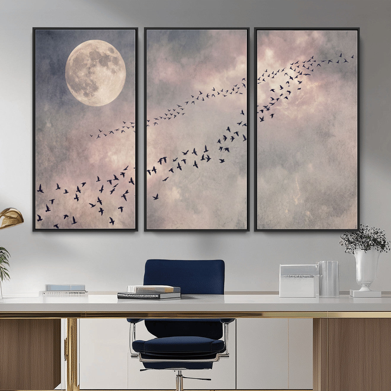 52339590-MGV-CV-36X24 - Birds Flying to Moon Wall Art Canvas Print - Vintage Surreal Night Sky Sky Print