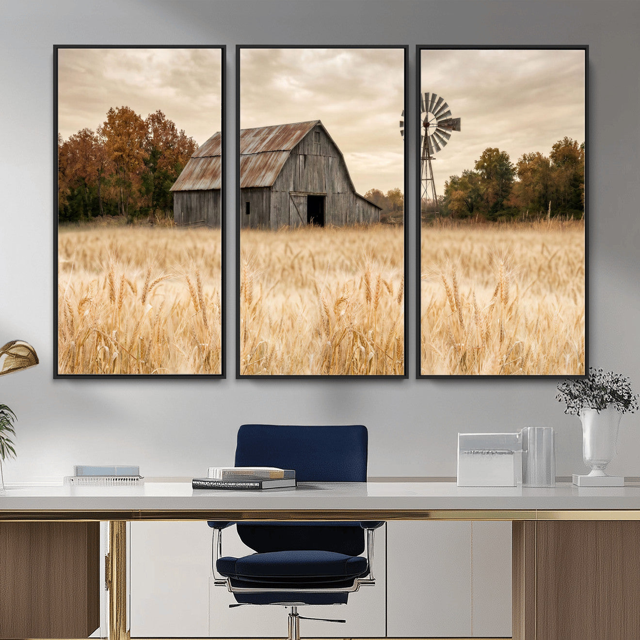99640659-MGV-CV-36X24 - Rustic Farmhouse Barn and Windmill Wall Art Canvas Print, Country Landscape Photography Print