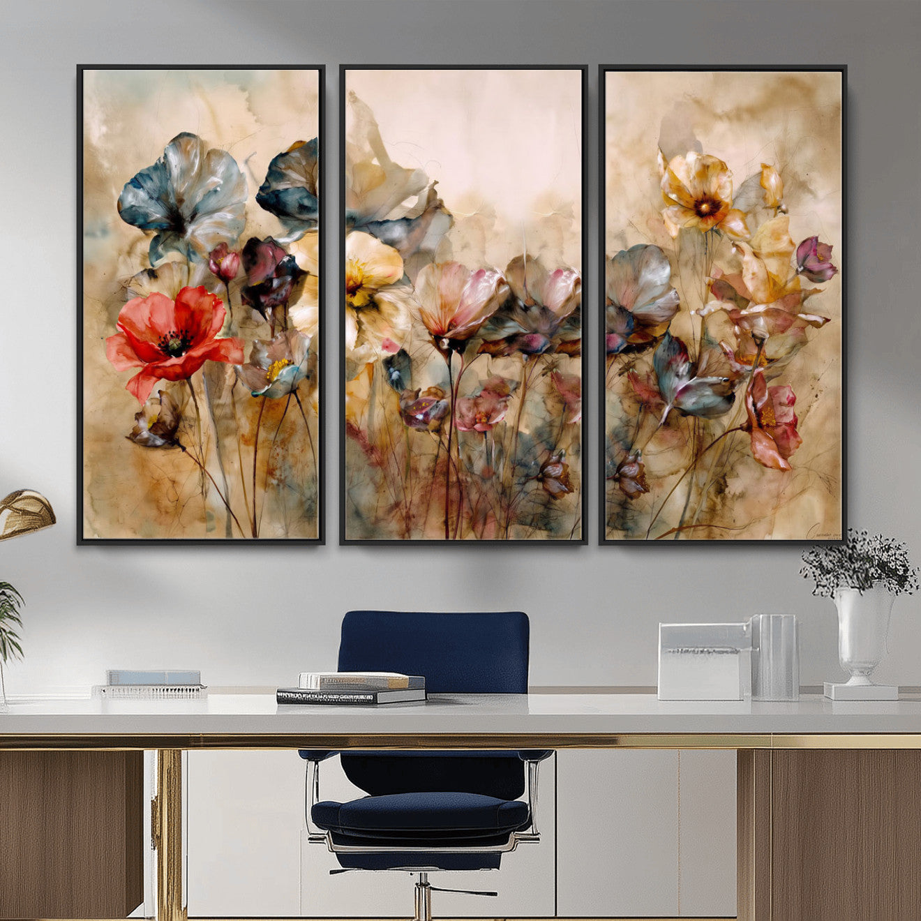 11407233-MGV-CV-36X24 - Vintage Dried Floral Meadow Wall Art Canvas Print, Translucent Watercolor Flowers Painting Print