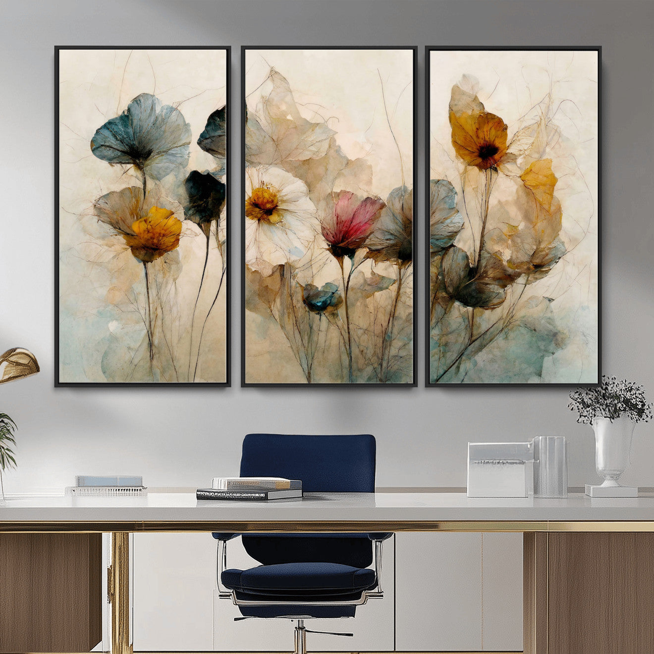 86802229-MGV-CV-36X24 - Vintage Dried Floral Meadow Wall Art Canvas Print, Translucent Watercolor Flowers Painting Print