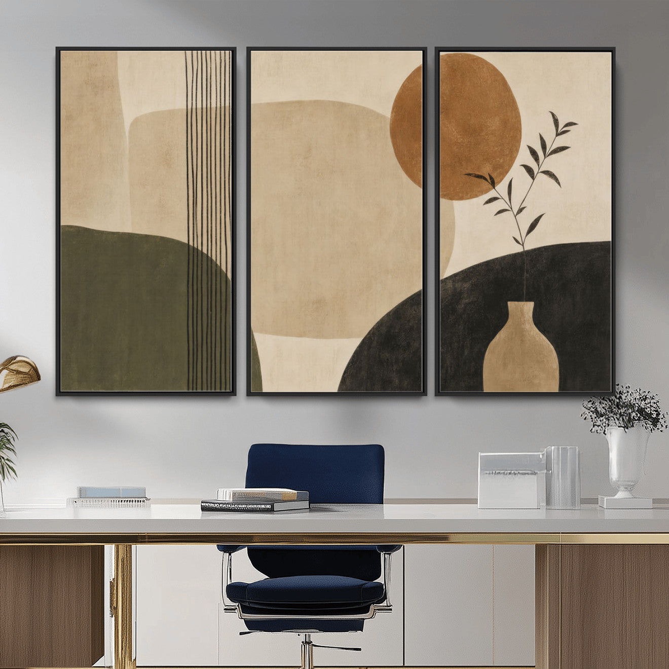 29113684-MGV-CV-36X24 - Japandi Minimalist Abstract Wall Art Canvas Print, Sage Green and Terracotta Sun Botanical Painting Print