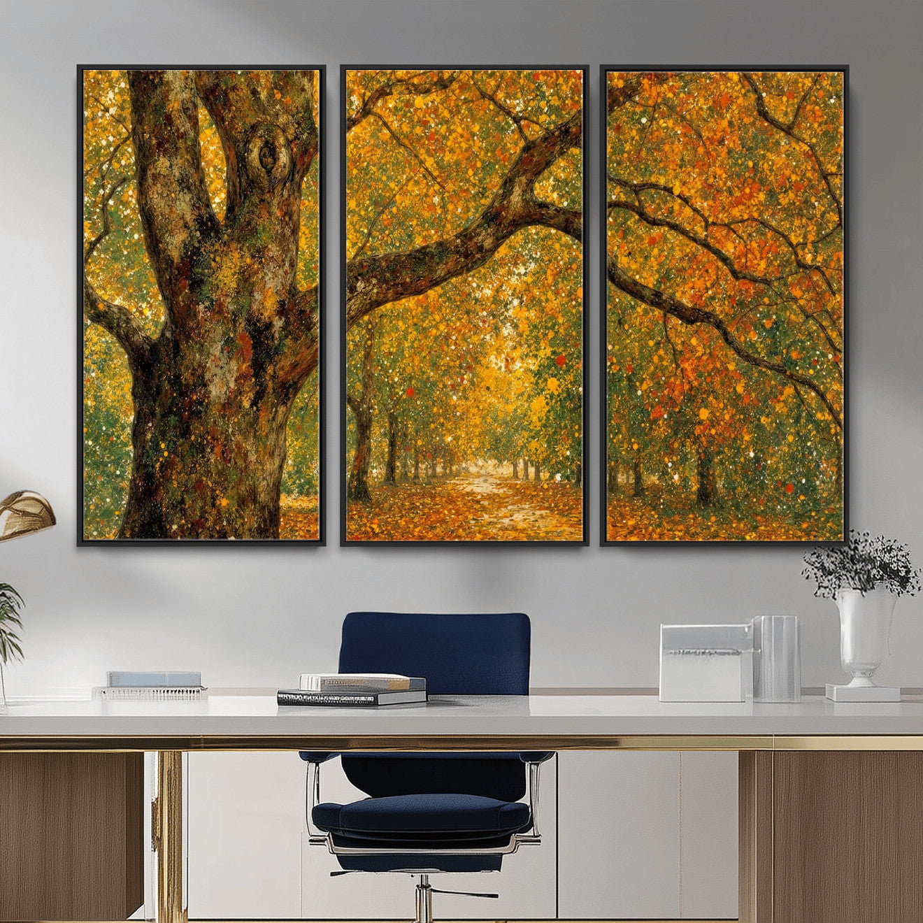 11536138-MGV-CV-36X24 - Vintage Autumn Forest Path Wall Art Canvas Print, Golden Leaves Impressionist Painting Print