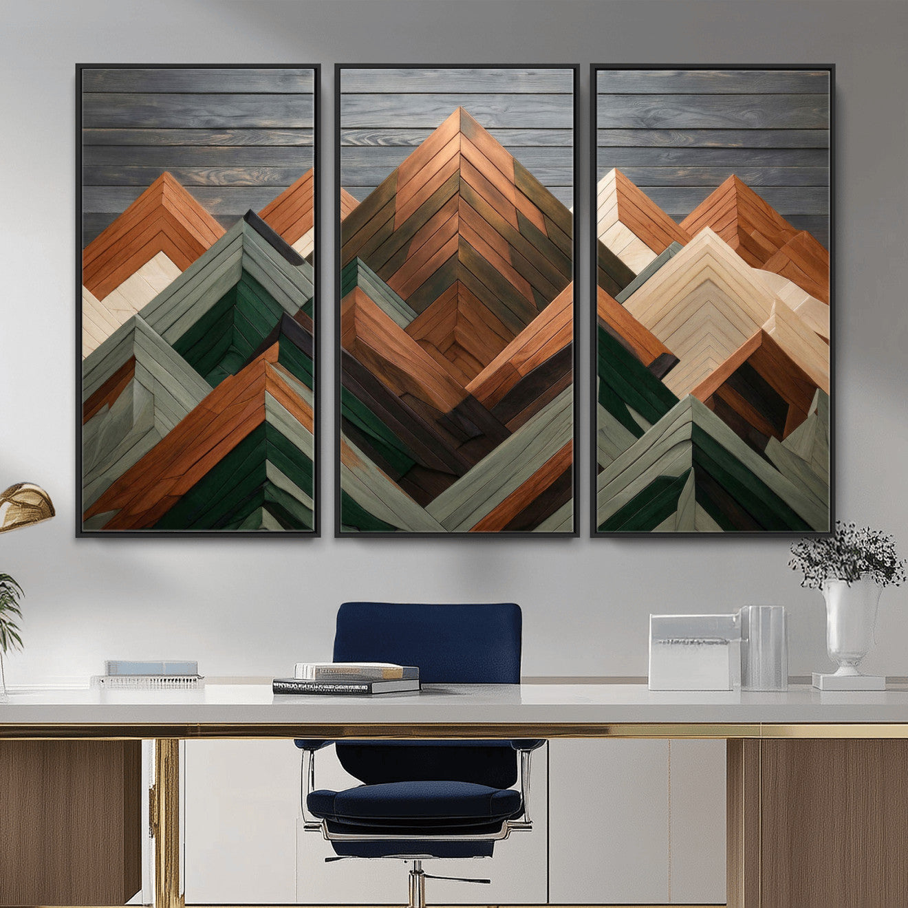 84617347-MGV-CV-36X24 - Geometric Wood Mountain Wall Art Canvas Print, 3D Look Rustic Mosaic Landscape Print
