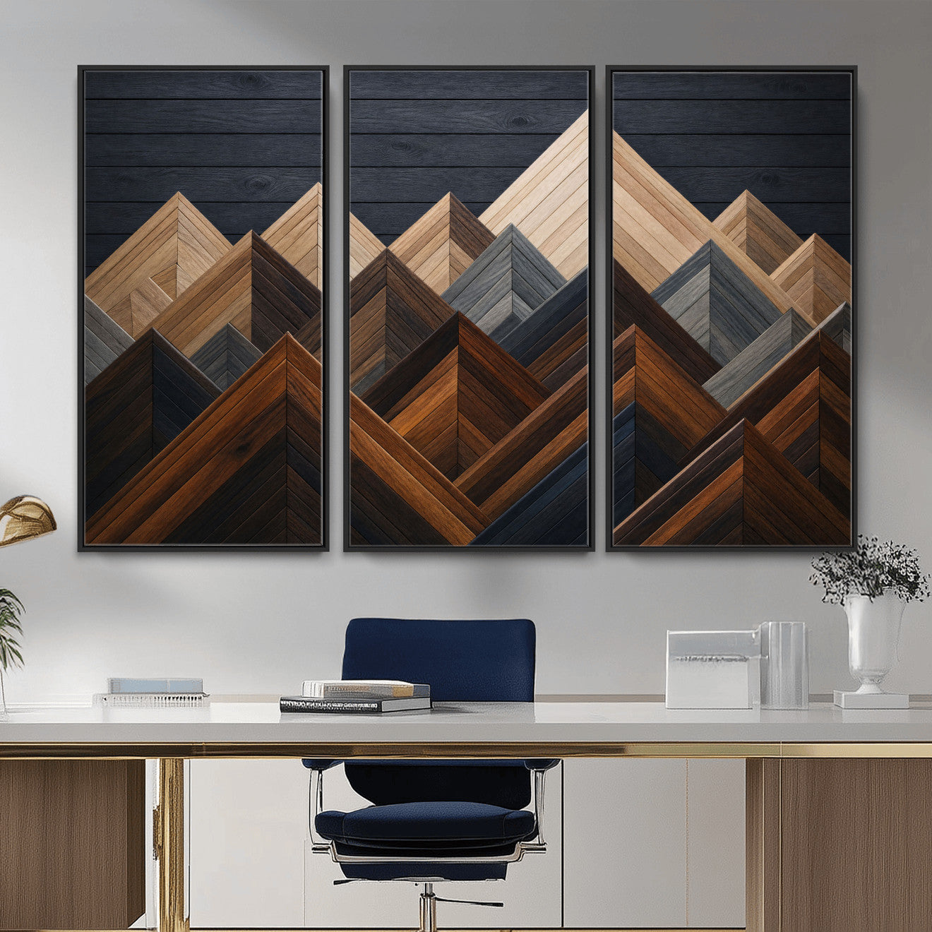 70531117-MGV-CV-36X24 - Geometric Wood Mountain Wall Art Canvas Print, 3D Look Rustic Mosaic Landscape Print