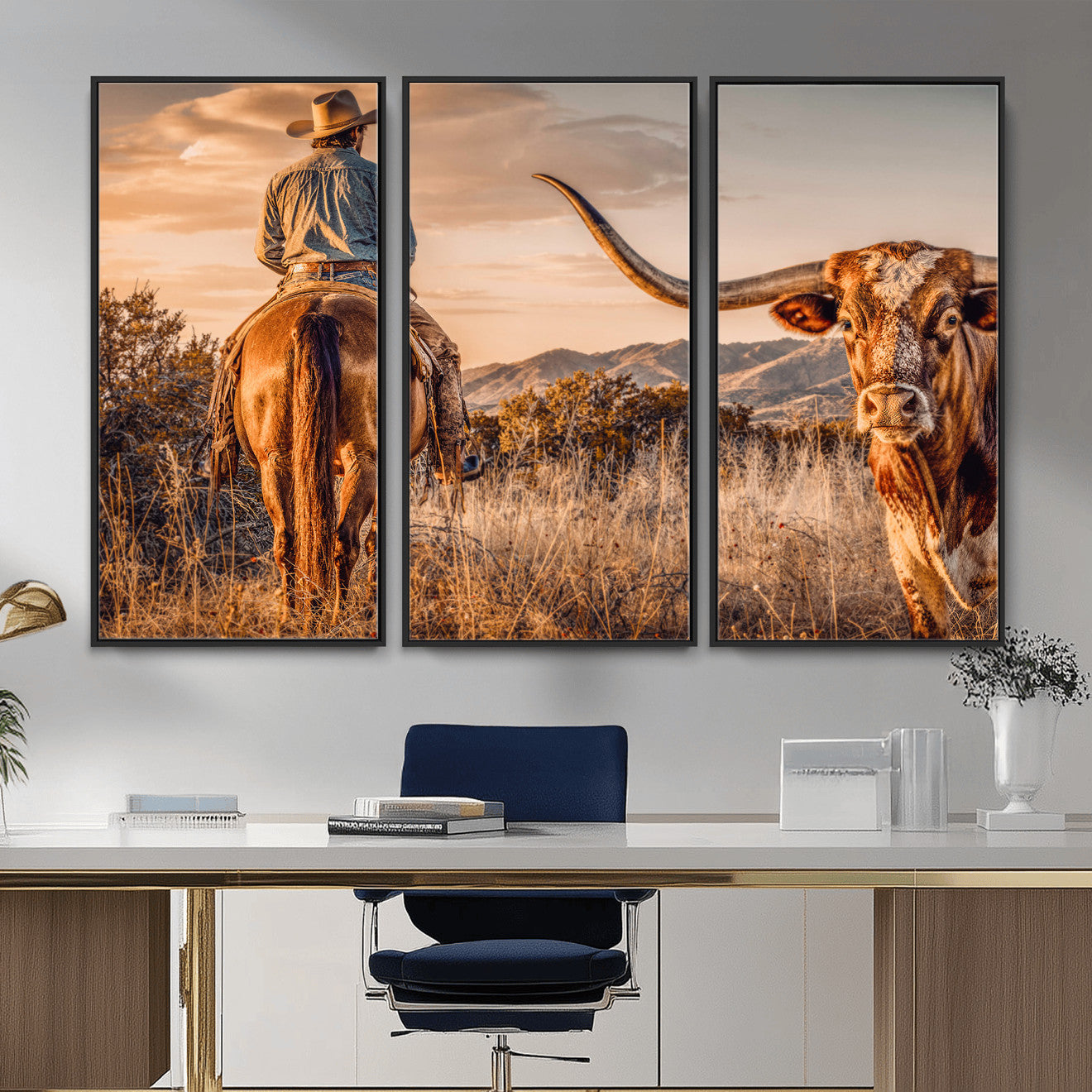 62076449C-MGV-CV-36X24 - Texas Cowboy and Longhorn Bull Print for Western Wall Art Decor for Farmhouse