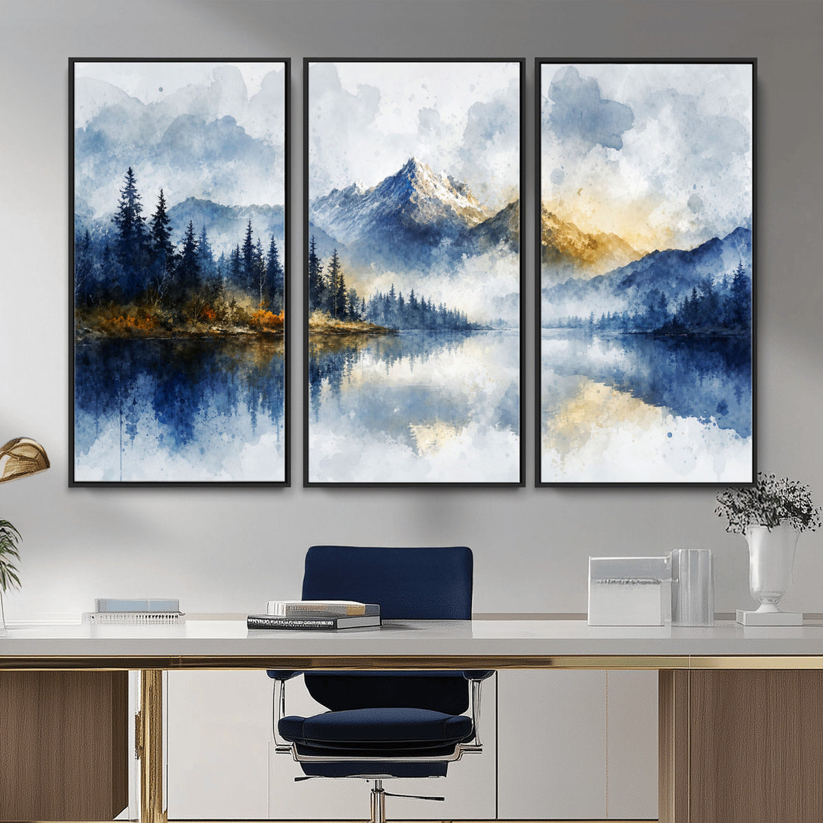 62076449DG-MGV-CV-36X24 - Abstract Watercolor Mountain Lake Wall Art Print for Living Room Decor