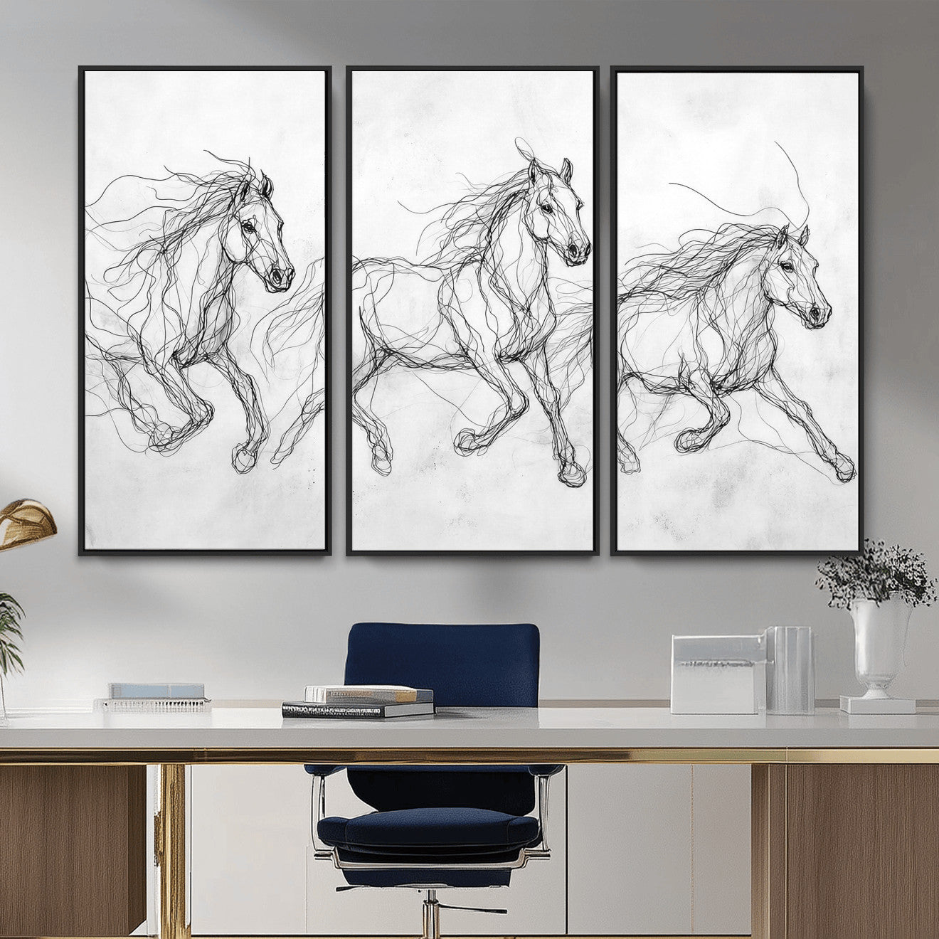 53600119-MGV-CV-36X24 - Monochrome Horse Canvas Wall Art, Black Ink Sketch Wild Horses Print, Minimalist Equestrian Artwork, Modern Abstract Line Decor, Urban Loft Gift