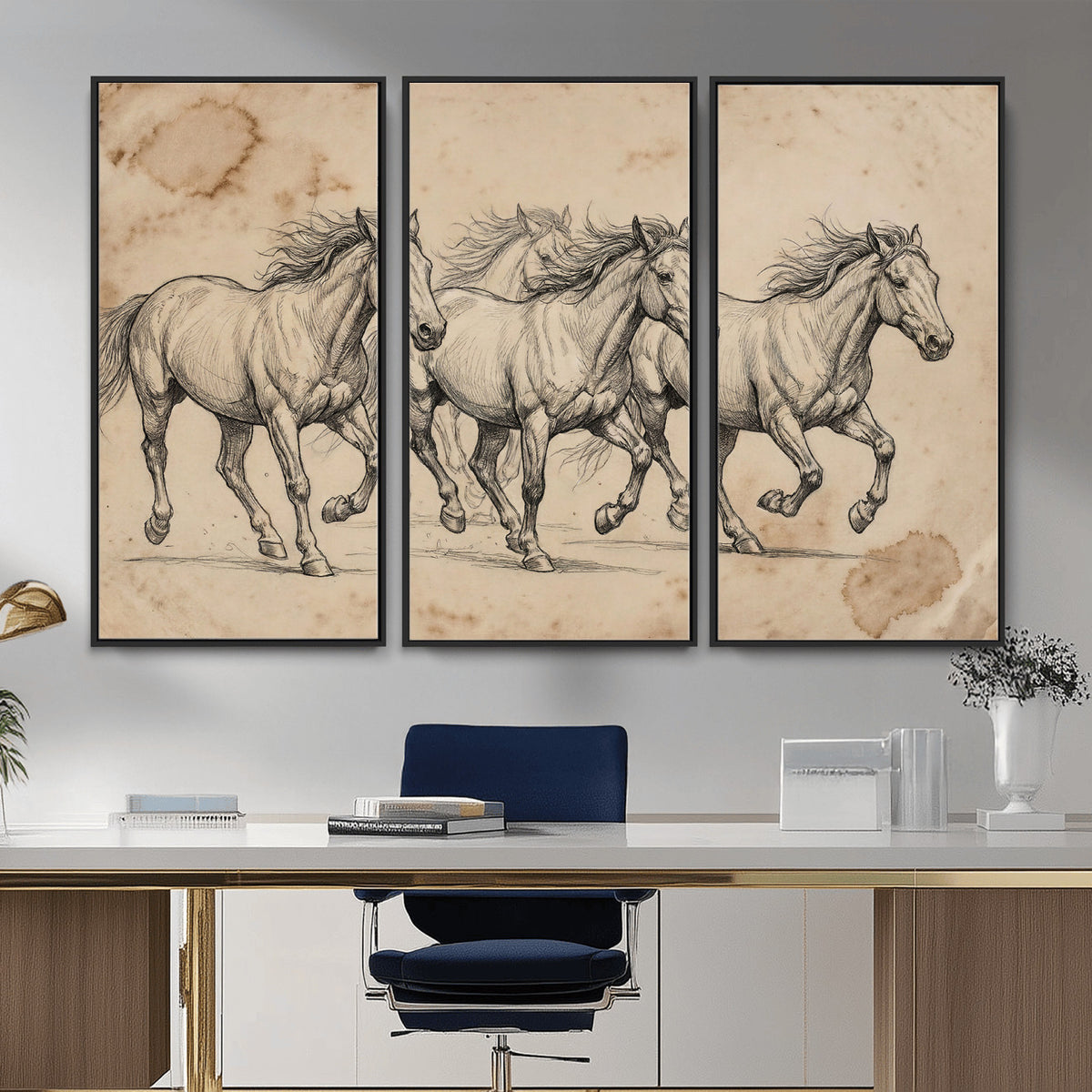 56046981-MGV-CV-36X24 - Sepia Wild Horses Canvas Art, Antique Pencil Drawing Print, Vintage Gallery Wall Decor, Rustic Equestrian Artwork, Traditional Den Gift