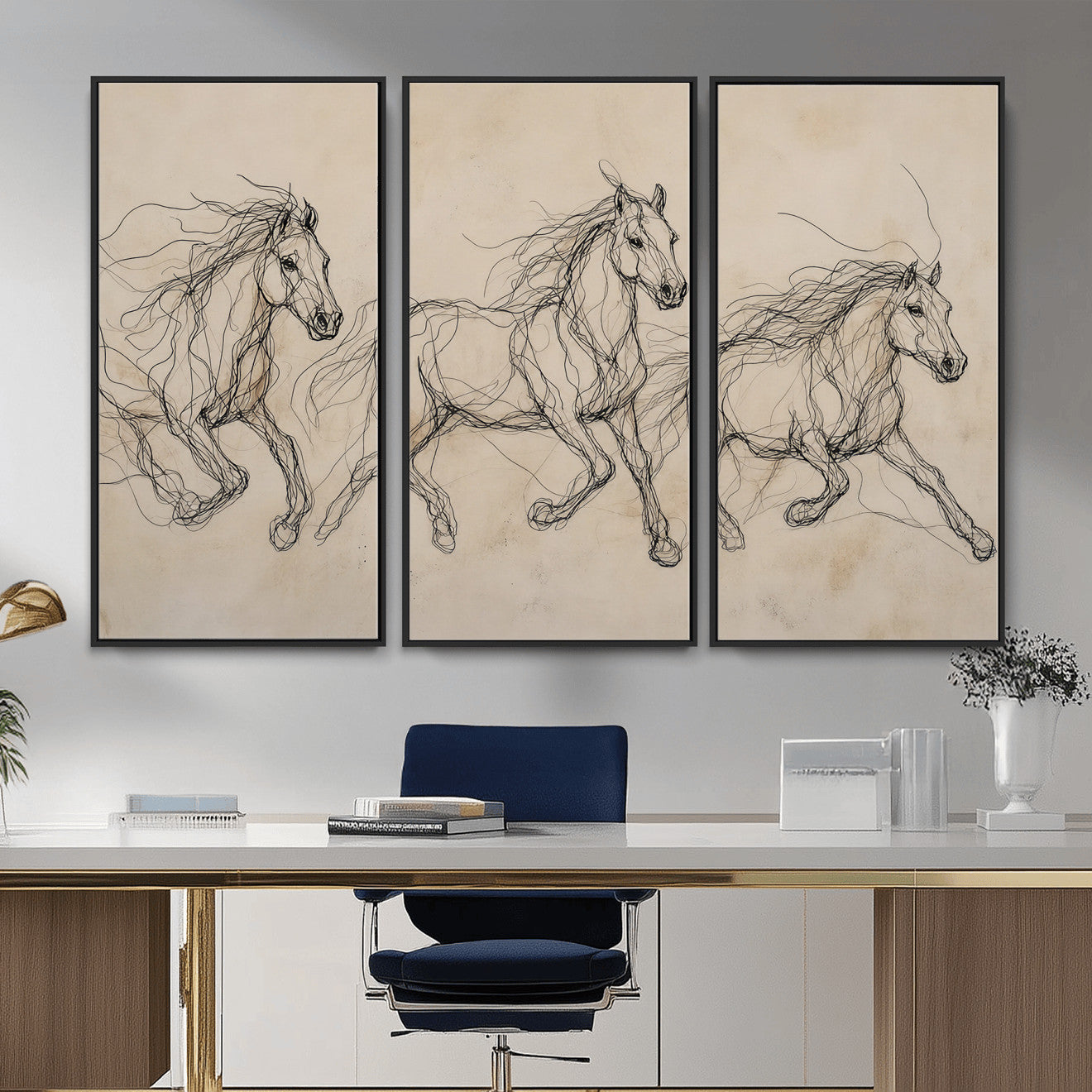 81051673-MGV-CV-36X24 - Abstract Horse Line Art Canvas, Gesture Sketch Wild Horses Print, Modern Scribble Artwork, Minimalist Equine Wall Decor, Rustic Studio Gift