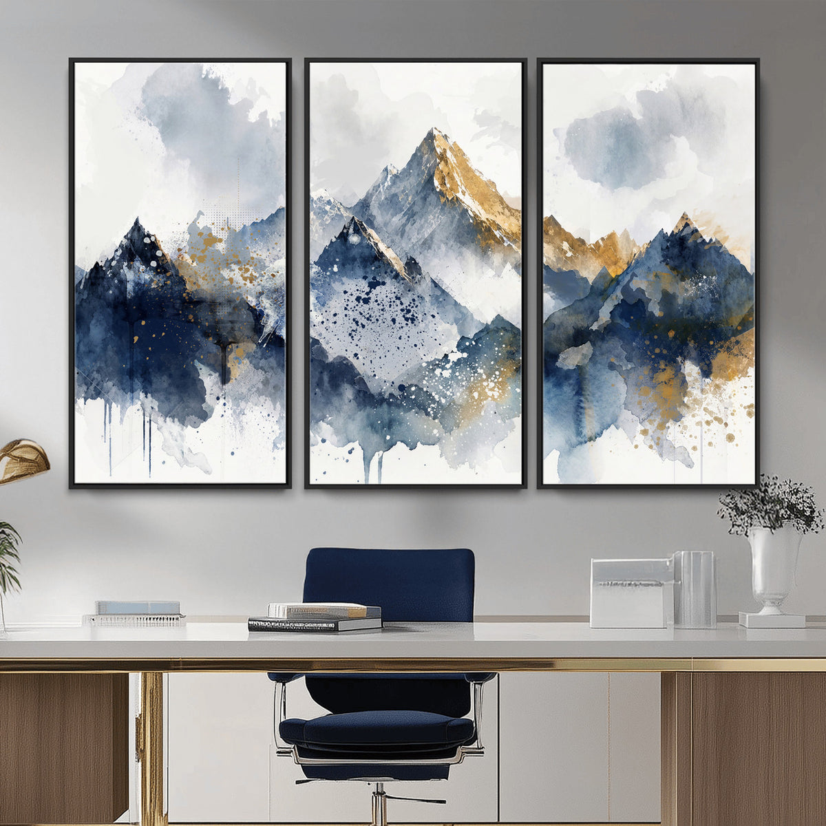 87460616-MGV-CV-36X24 - Abstract Mountain Canvas Wall Art, Blue Gold Foil Landscape Print, Modern Indigo Watercolor Poster, Large Abstract Nature, Luxury Office Gift