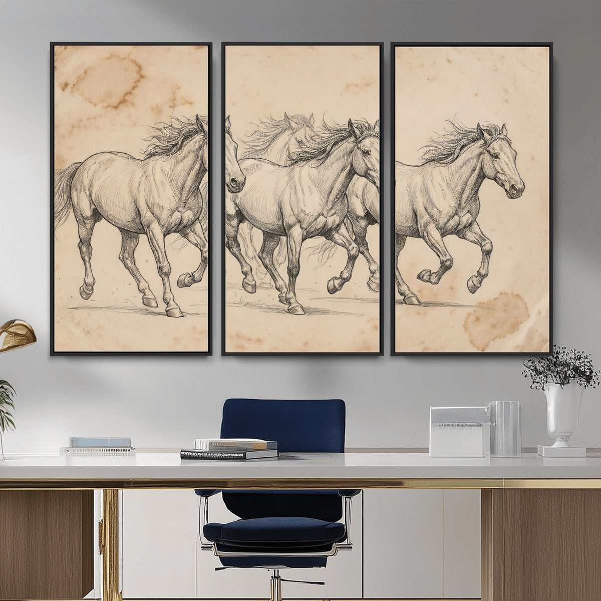 16644391-MGV-CV-36X24 - Vintage Horse Sketch Canvas Wall Art, Wild Horses Pencil Drawing Print, Antique Parchment Western Decor, Equine Sketching, Country Manor Gift