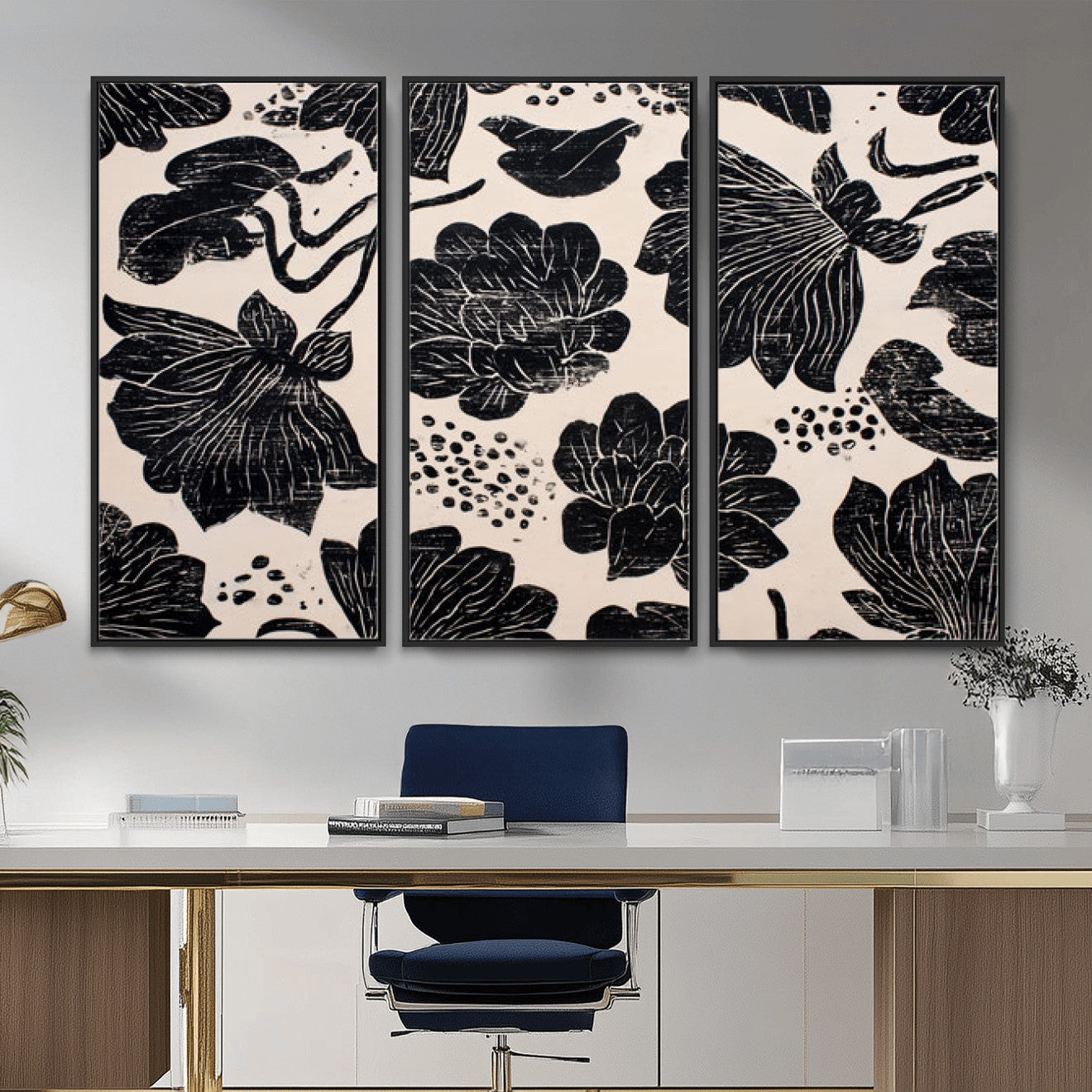 81787117-MGV-CV-36X24 - Linocut Black Lotus Floral Wall Art Canvas Print, Vintage Monochrome Botanical Painting Print