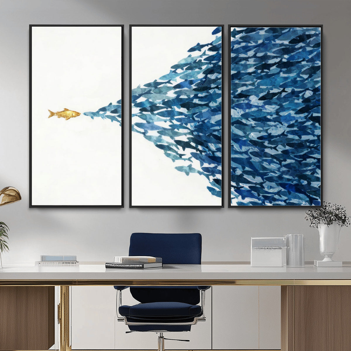 79089639-MGV-CV-36X24 - Abstract Blue Fish School Canvas Wall Art, Gold Foil Accent Marine Print