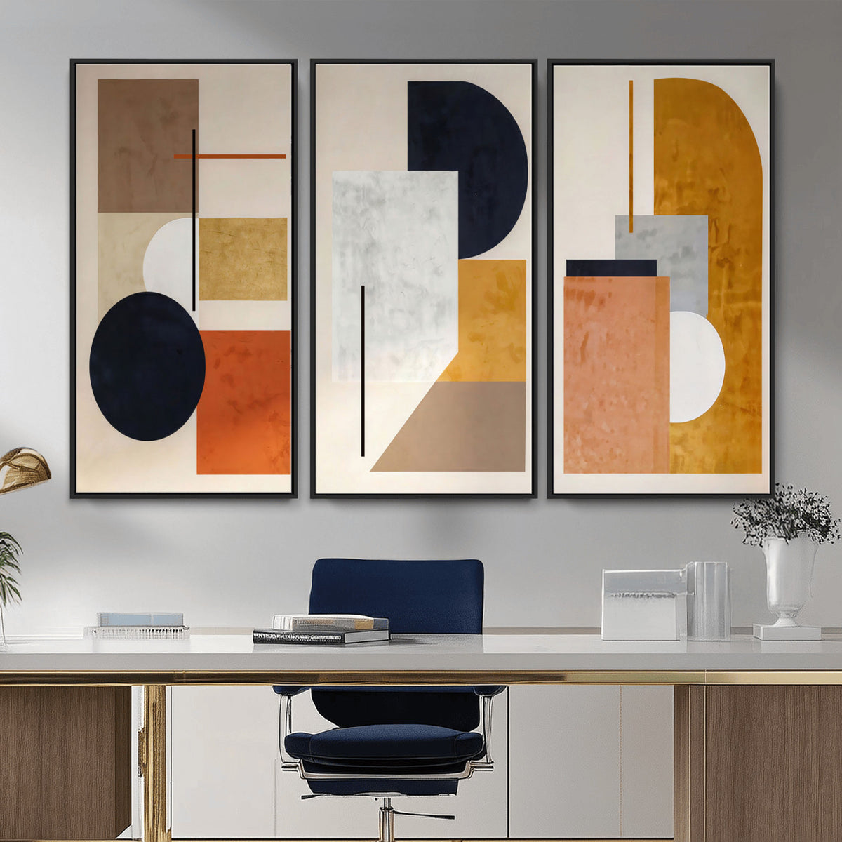 87361249-MGV-CV-48X32-3P - Mid Century Modern Geometric Canvas Wall Art, Abstract Triptych Print