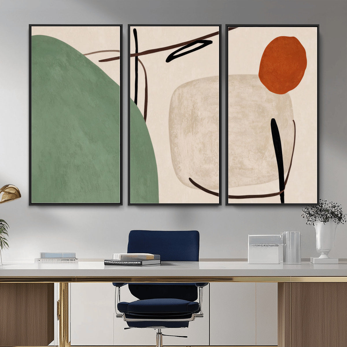 46798824-MGV-CV-48X32-3P - Mid Century Modern Geometric Canvas Wall Art, Abstract Triptych Print