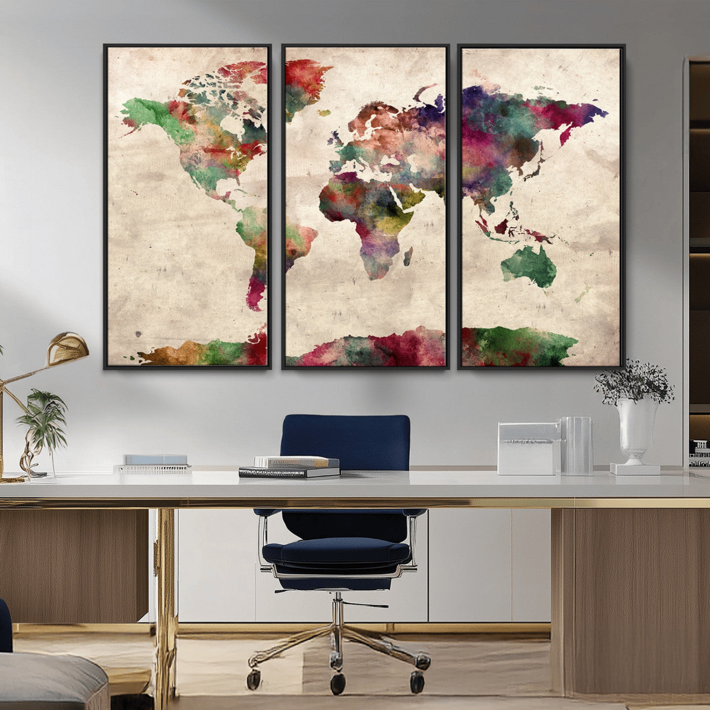 -Watercolor World Map Canvas Print – Framed Push Pin Wall Art for Couples, Colorful Travel Map Artwork for Elegant Home and Office Decor