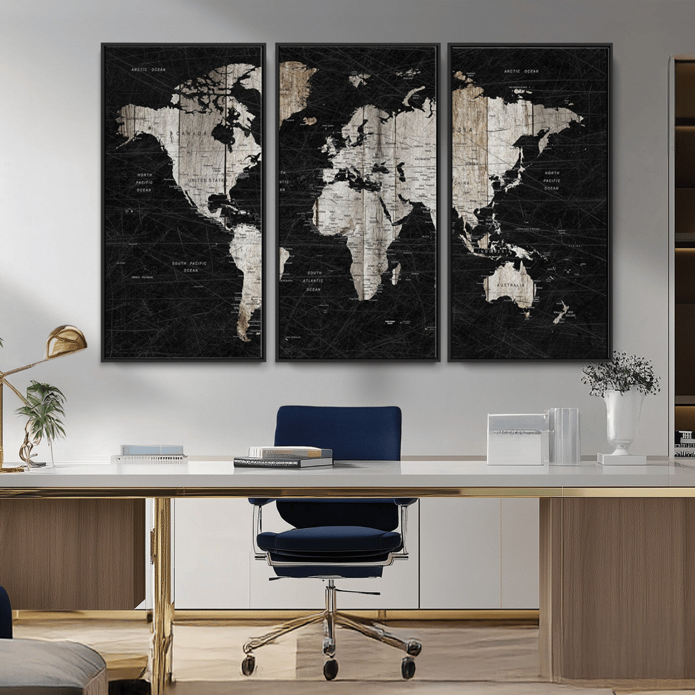 89998-MGV-CV-36X24-Rustic Black and Wood World Map Canvas Wall Art – Framed Push Pin Travel Map for Home and Office Decor, Modern Vintage Wall Artwork
