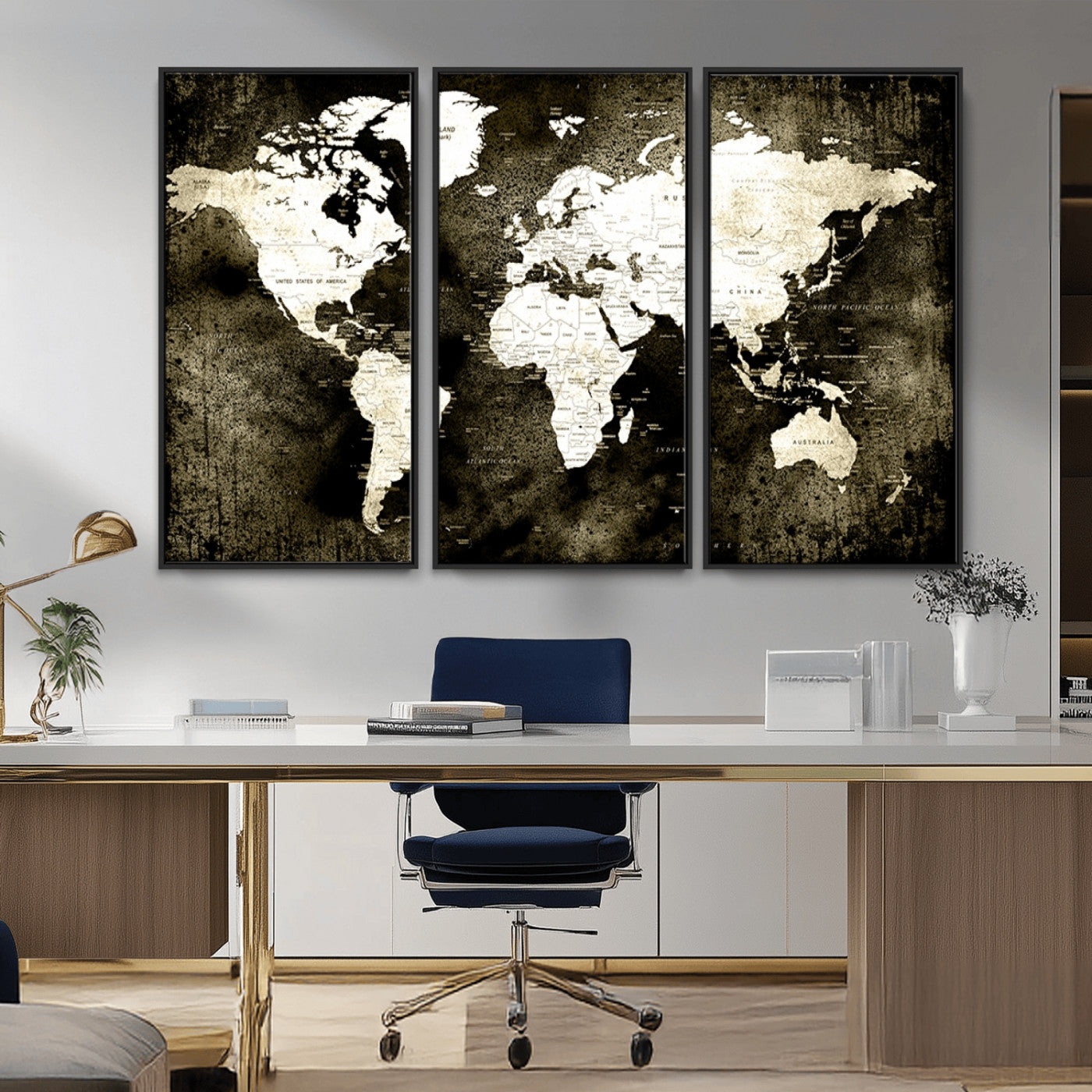 66737-MGV-FC-48X32-3P_Black-Vintage World Map Canvas Wall Art – Framed Push Pin Travel Map for Home and Office Decor, Rustic Wall Artwork for Travelers