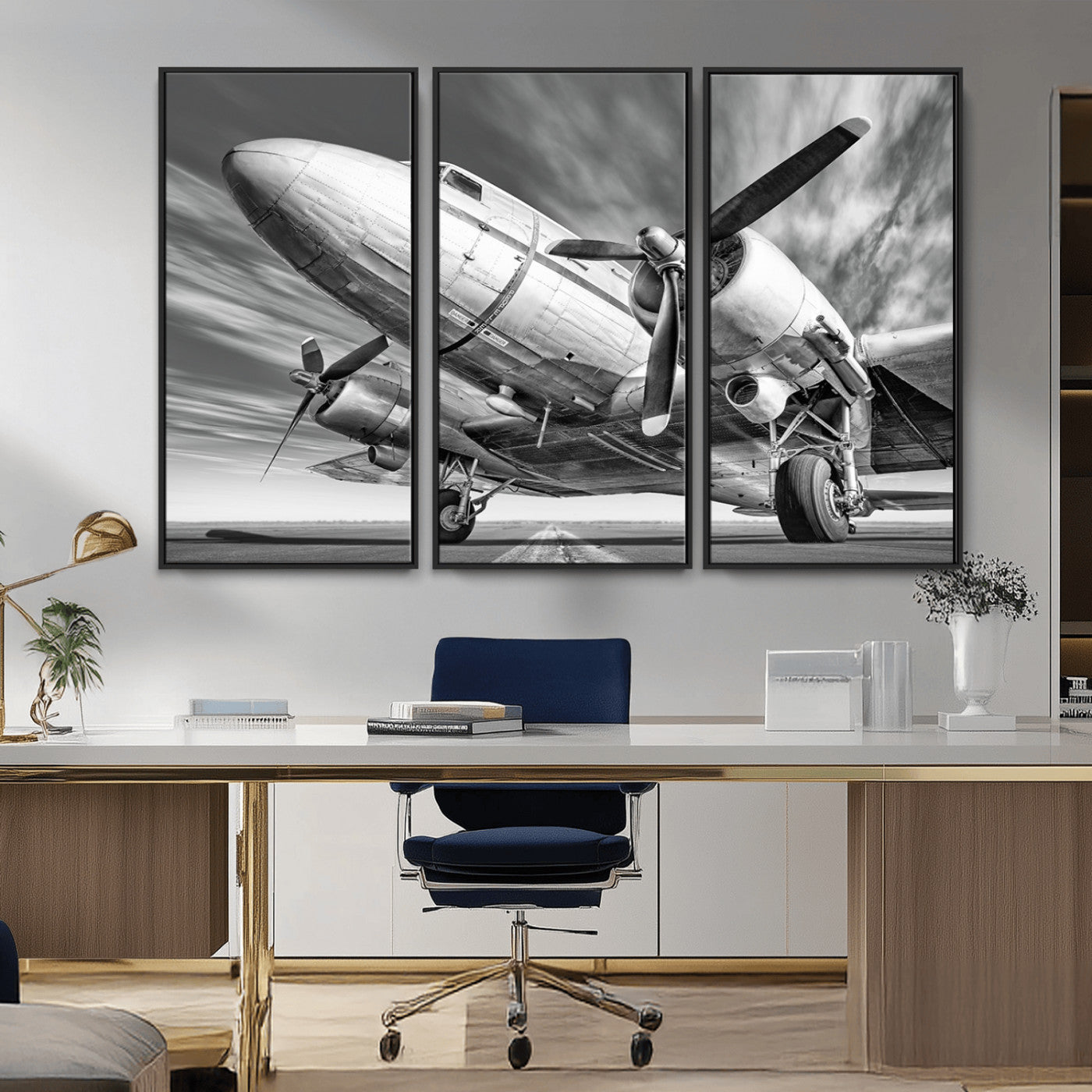 82744-MGV-FC-48X32-3P_Black-Vintage Airplane on Runway Canvas Print