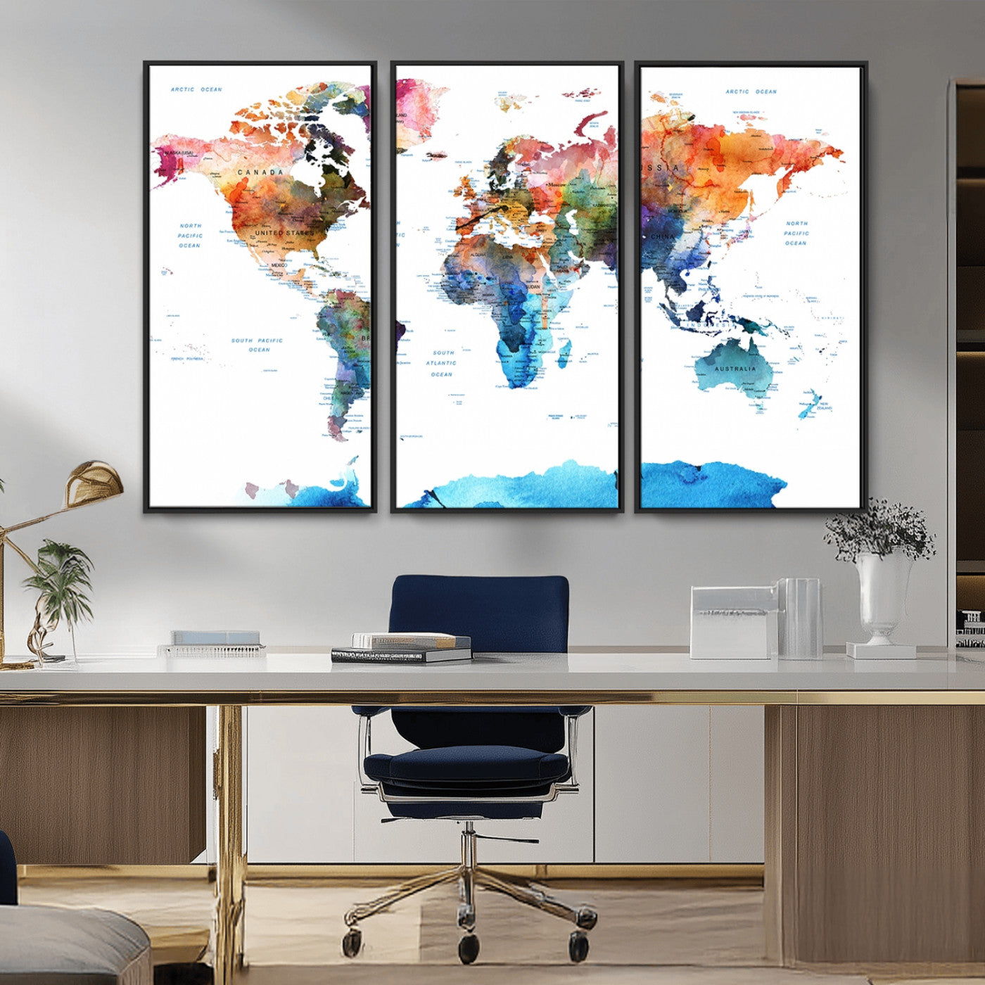 11576-MGV-FC-48X32-3P_Black-Vibrant Watercolor World Map Canvas Wall Art – Framed Push Pin Travel Map for Home and Office Decor, Modern Colorful Wall Artwork