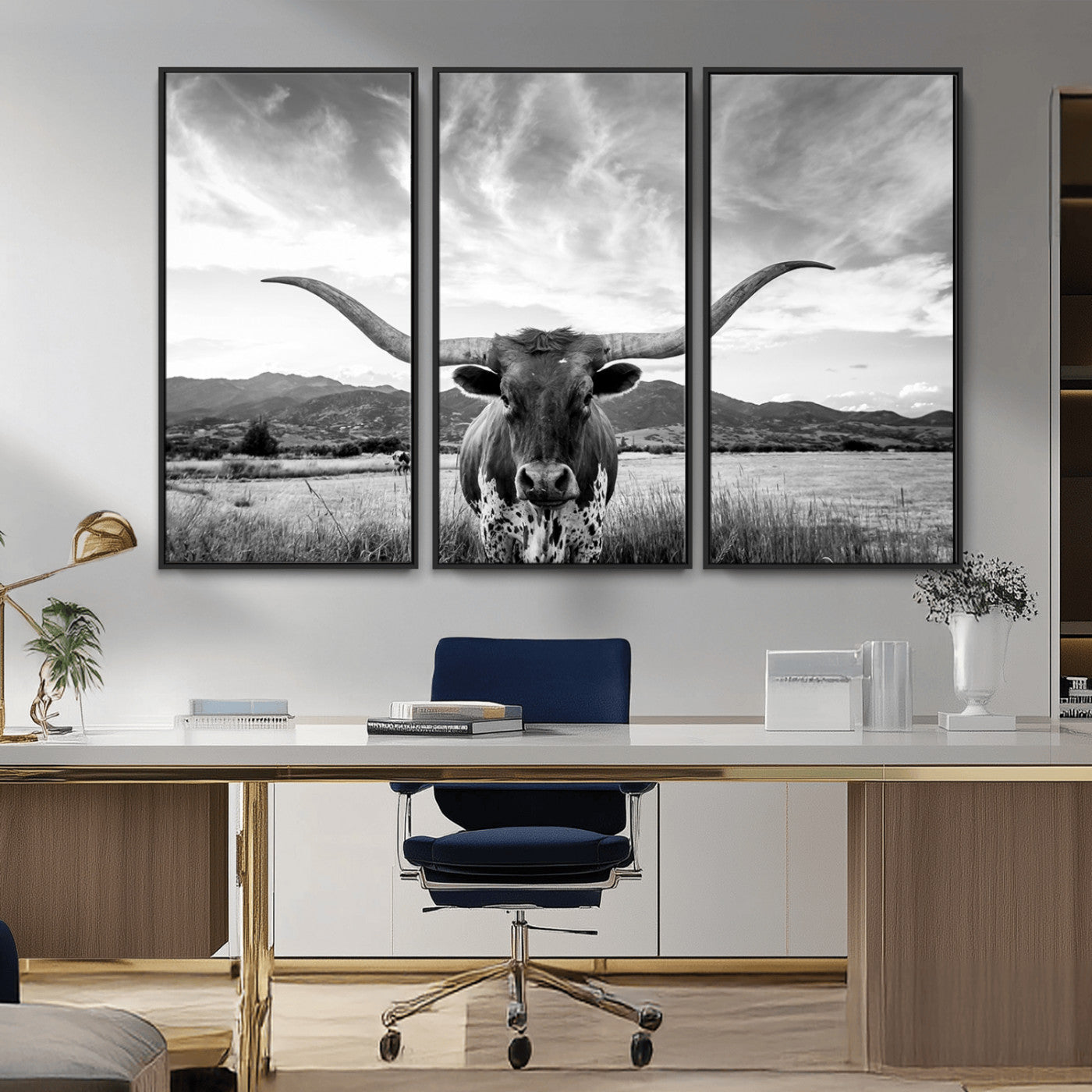 79527-MGV-FC-48X32-3P_Black-Longhorn Black and White Wall Art – Rustic Western Bull Canvas Print, Farmhouse Country Decor for Living Room, Office or Ranch, Cowboy Wall Artwork