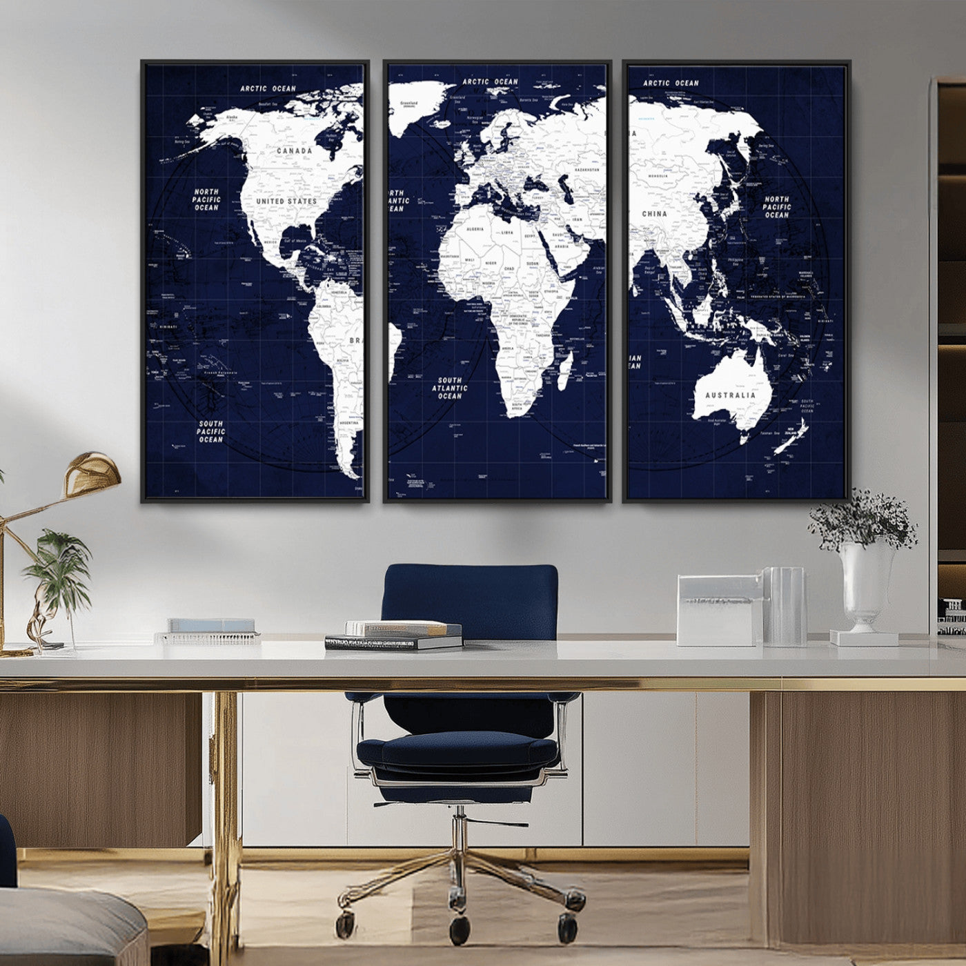 -Navy Blue World Map Canvas Print – Modern Push Pin Travel Map Wall Art, Framed Contemporary Decor for Home or Office