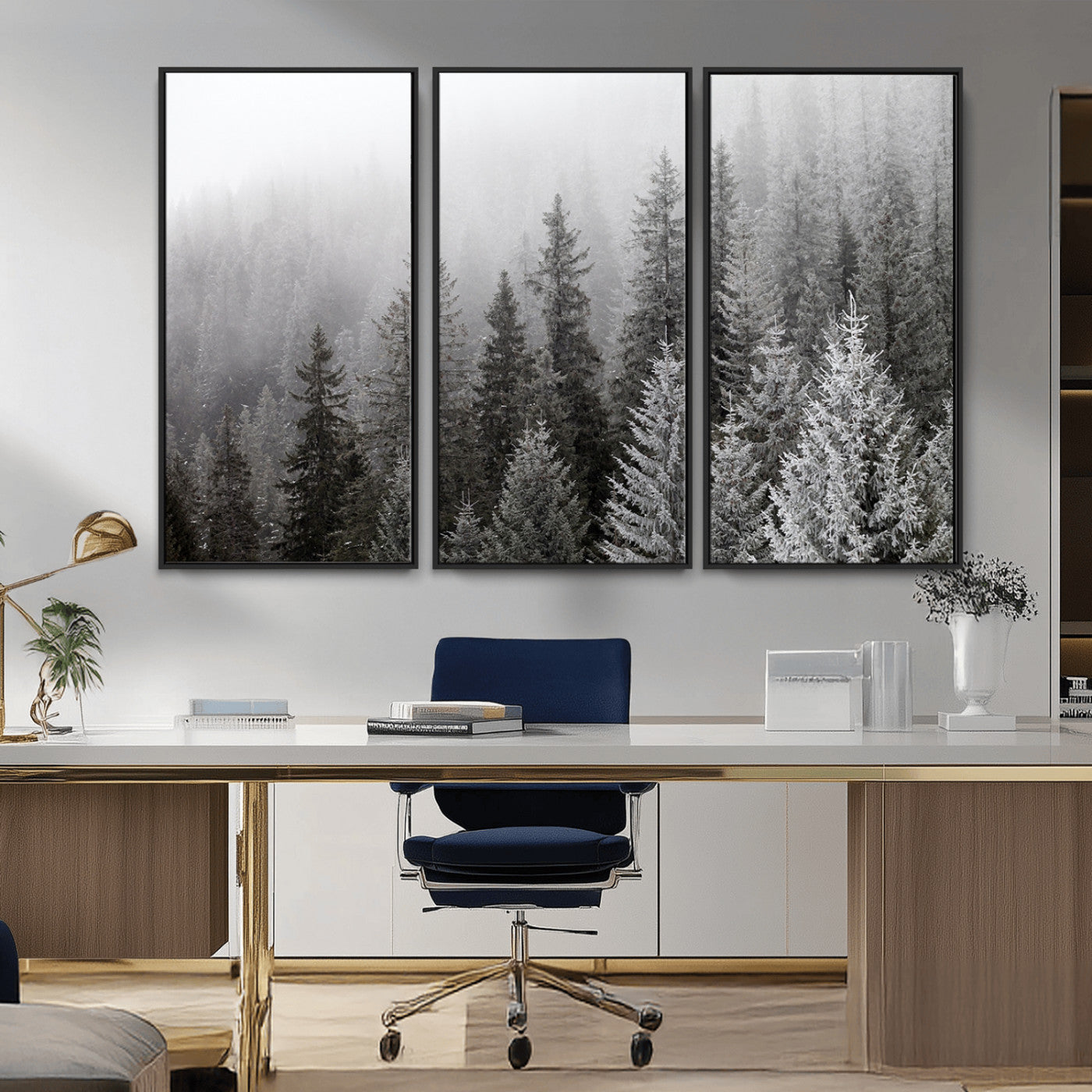 20552-MGV-FC-48X32-3P_Black-Big Foggy Forest and Misty Trees Forest Wall Art Canvas Print
