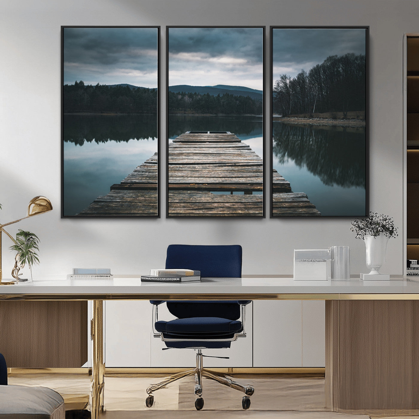 -Wooden Bridge Near Lake Wall Art Canvas Print