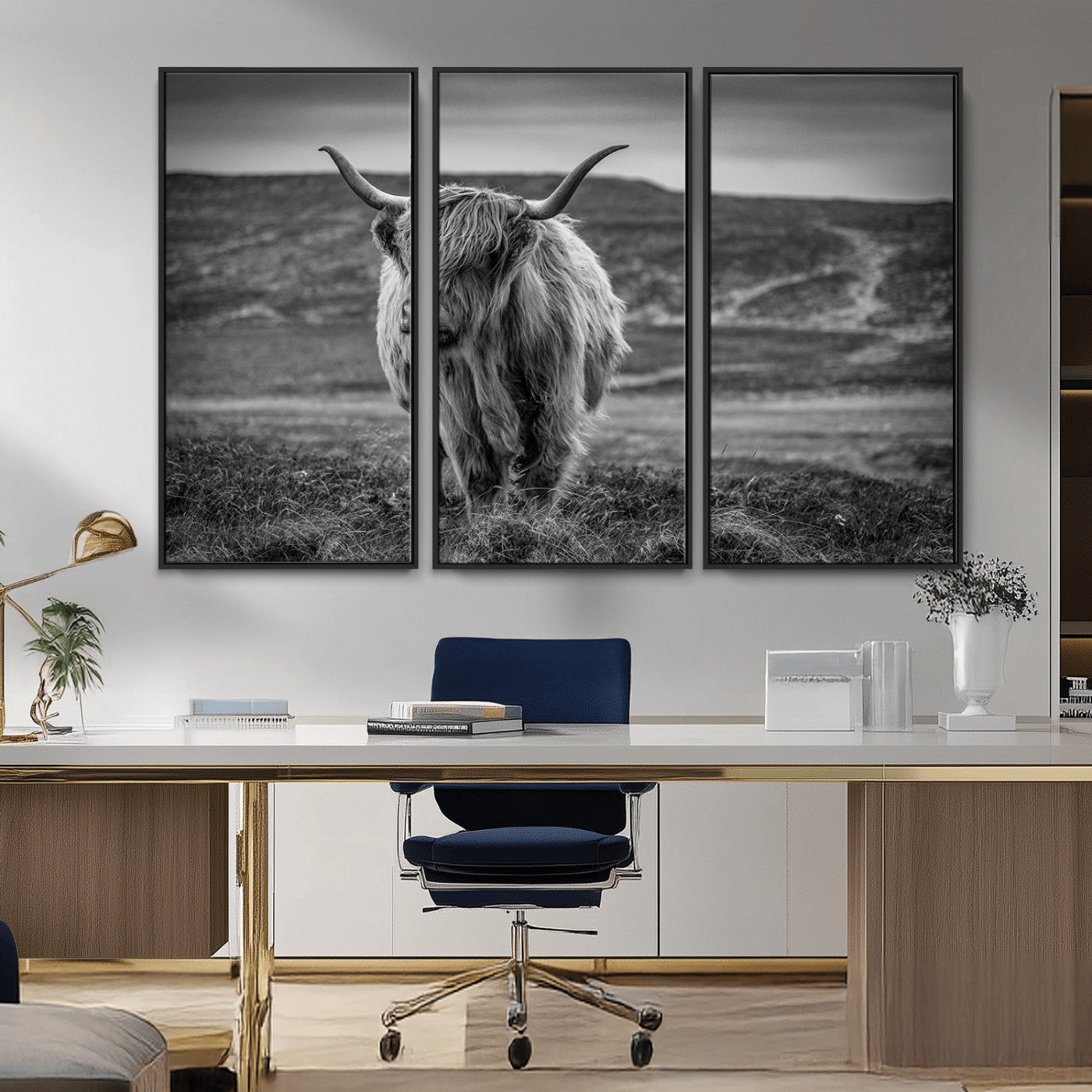 -Fluffy Cattle Wall Art Print, Highland Cow Canvas, Framed Black and white Wall Art