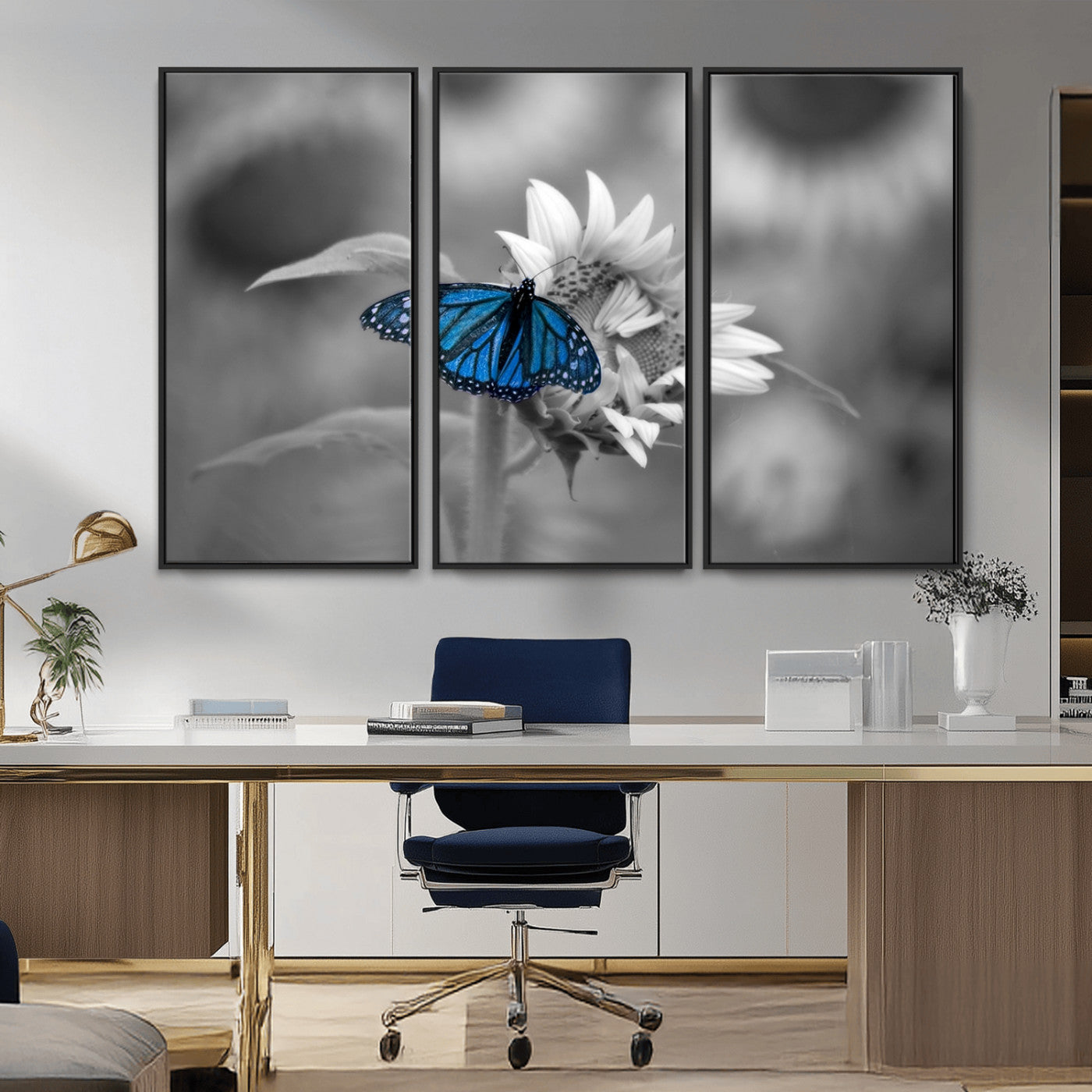 -Blue Butterfly Black and White Canvas Wall Art