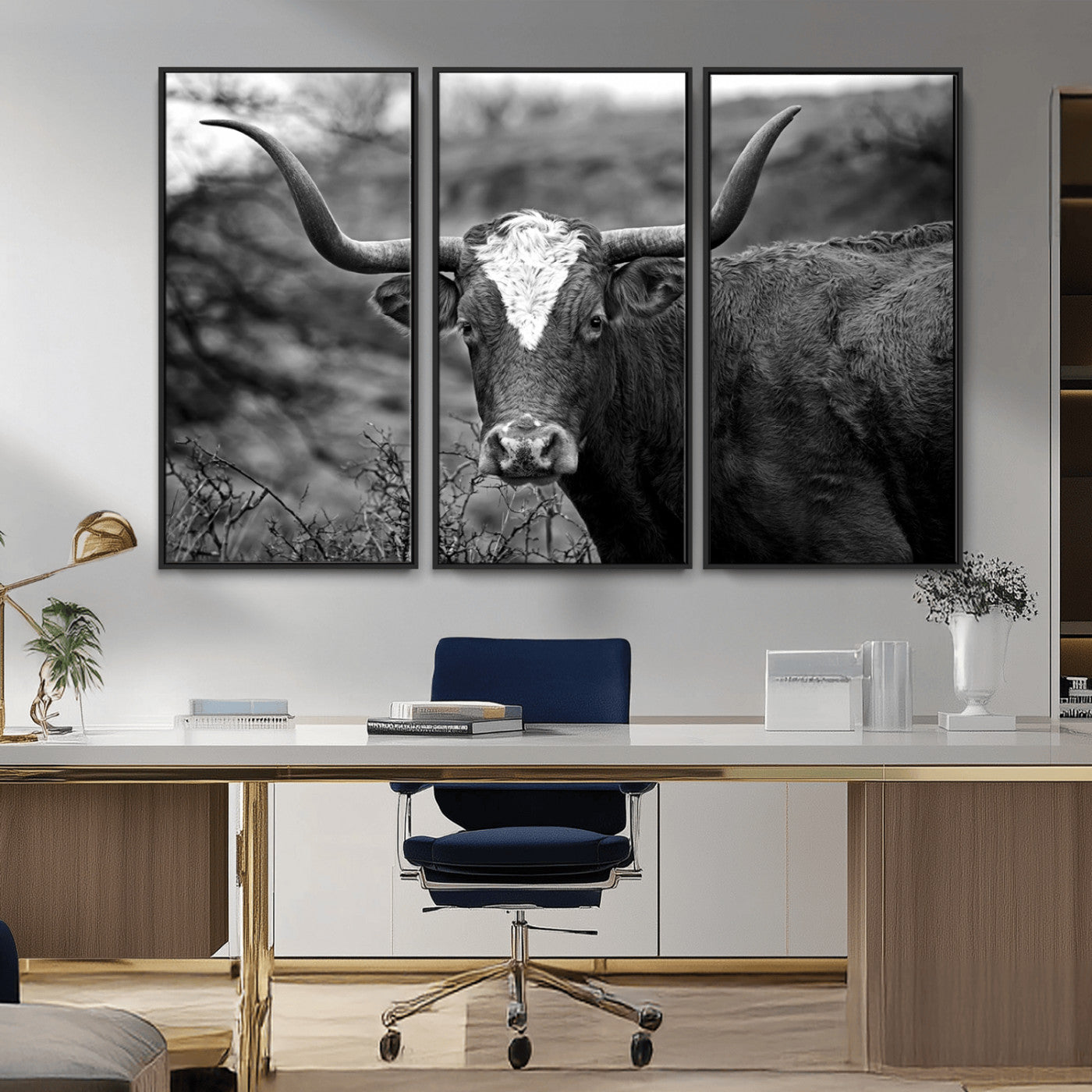 76200-MGV-FC-48X32-3P_Black-Western Home Wall Art Canvas Print, Framed Texas Longhorn Art Picture Print, Rustic Cow Perfect Rustic Farmhouse Decor Artwork