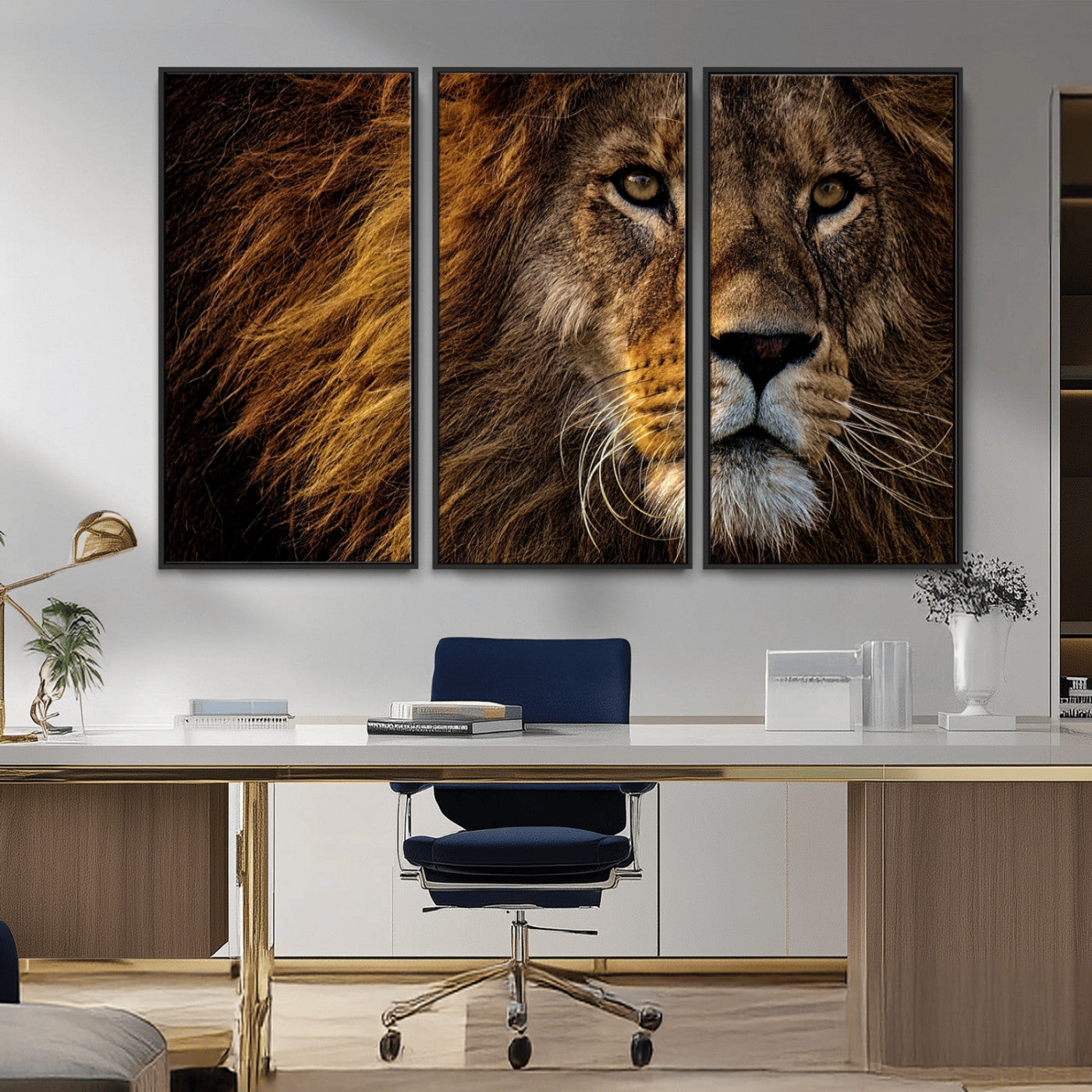 98665-MGV-FC-48X32-3P_Black-Mighty Lion Wall Art Canvas Print – Majestic Animal Portrait Artwork for Home, Office, Living Room, Guest Room