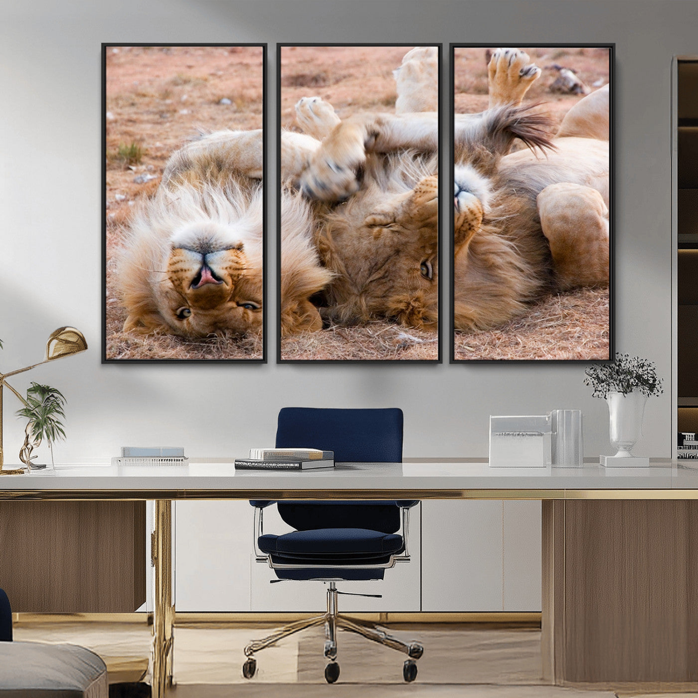 -Lion Pair Wall Art Canvas Print – Framed Wildlife Scene with Playful Lions Artwork for Home, Office, Living Room