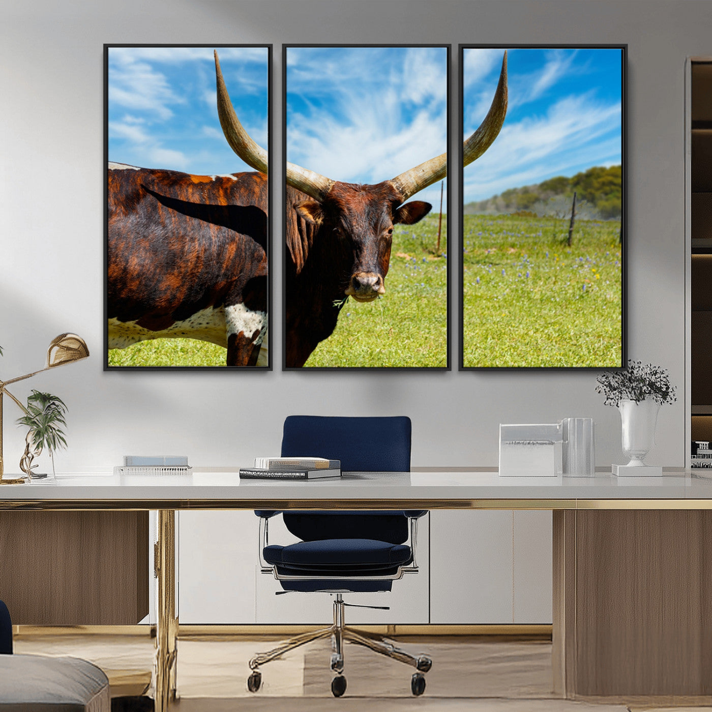47037-MGV-FC-48X32-3P_Black-Longhorn and Cow Wall Art, Country Cow Wall Decor Canvas Print