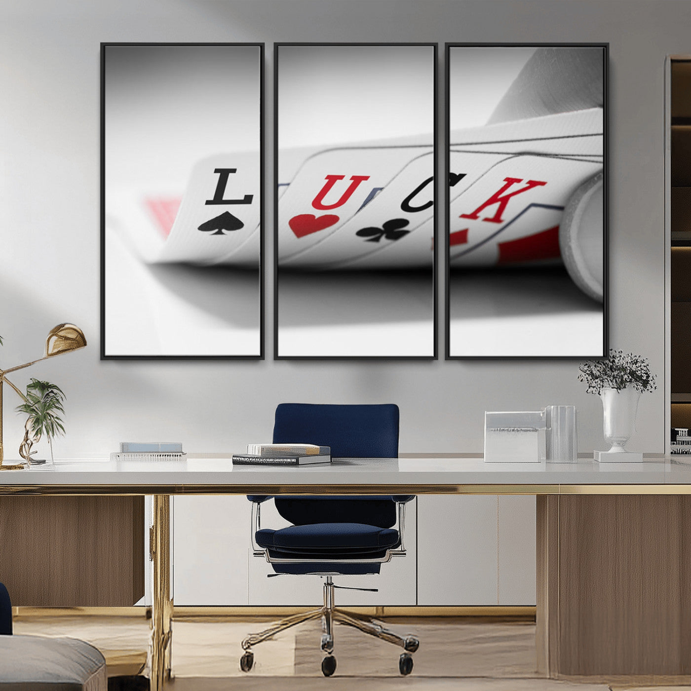 -Framed Luck Poker Cards Canvas – Modern Triptych Wall Art, Ready to Hang for Game Rooms