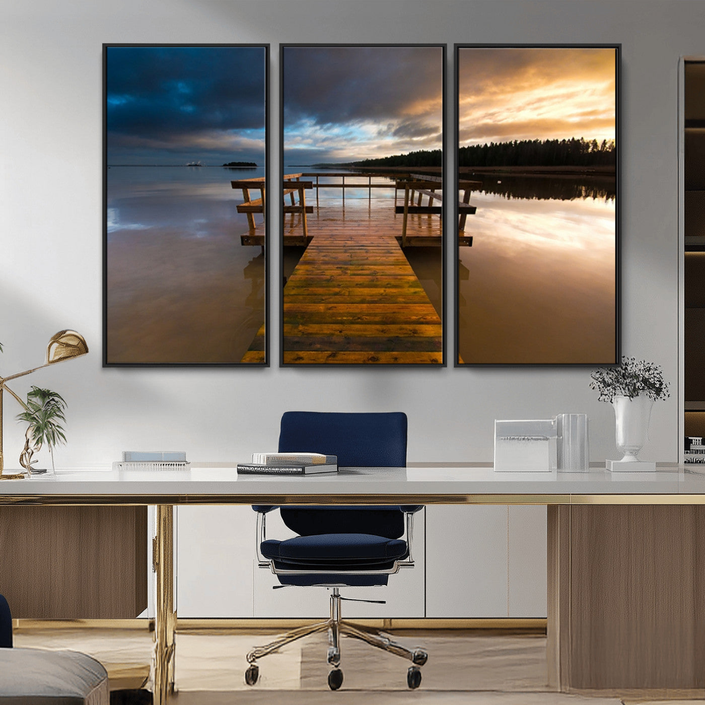 -Serene Lake Pier at Sunset Canvas Print | Landscape Canvas Print | Ready to Hang and Framed Wall Art