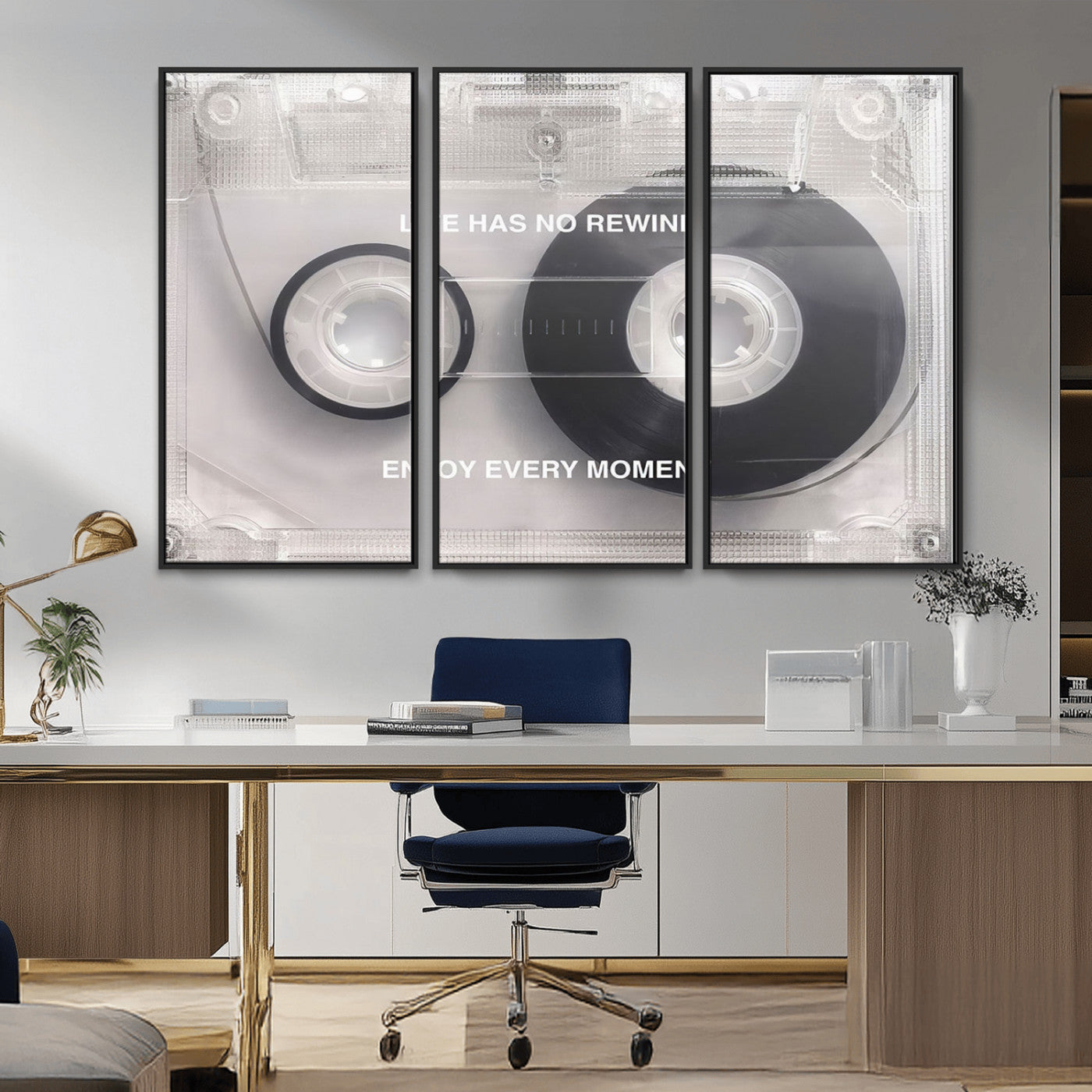 54028-MGV-FC-48X32-3P_Black-Vintage Cassette Tape Canvas Wall Art - Inspirational 'Life Has No Rewind' Quote, Retro Music Decor
