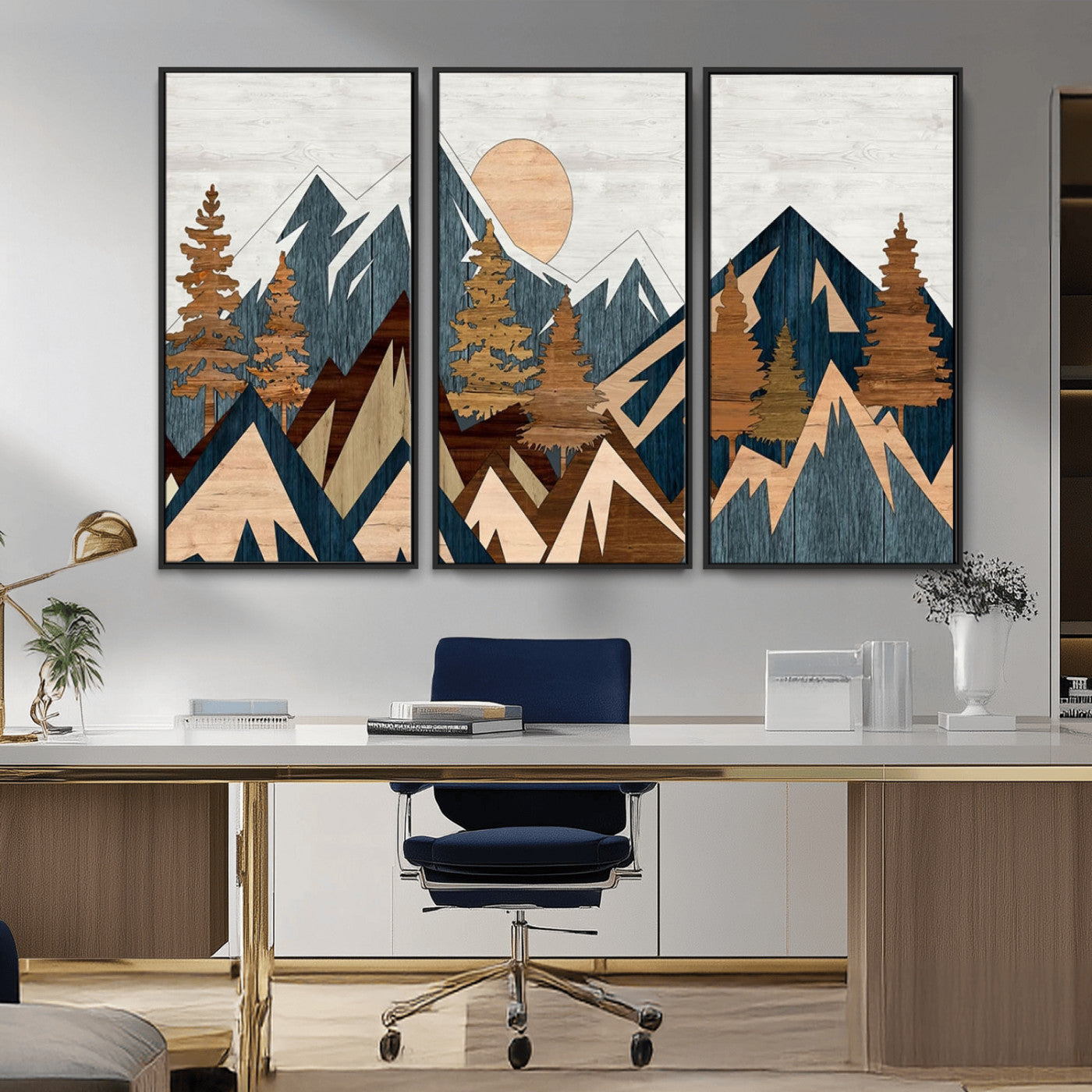 91467-MGV-CV-36X24-Abstract Wood Panel Effect Mountain Range Top Wall Art Canvas Print