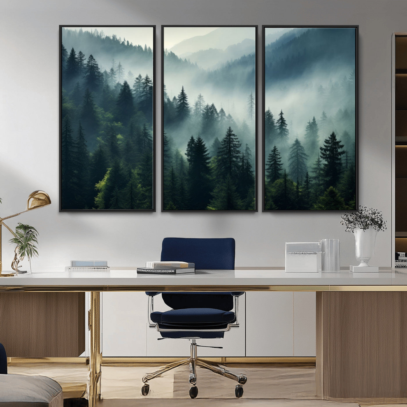17687-MGV-FC-48X32-3P_Black-Captivating Misty Forest Wall Art Premium Canvas Print a Foggy and Serene Atmosphere Art