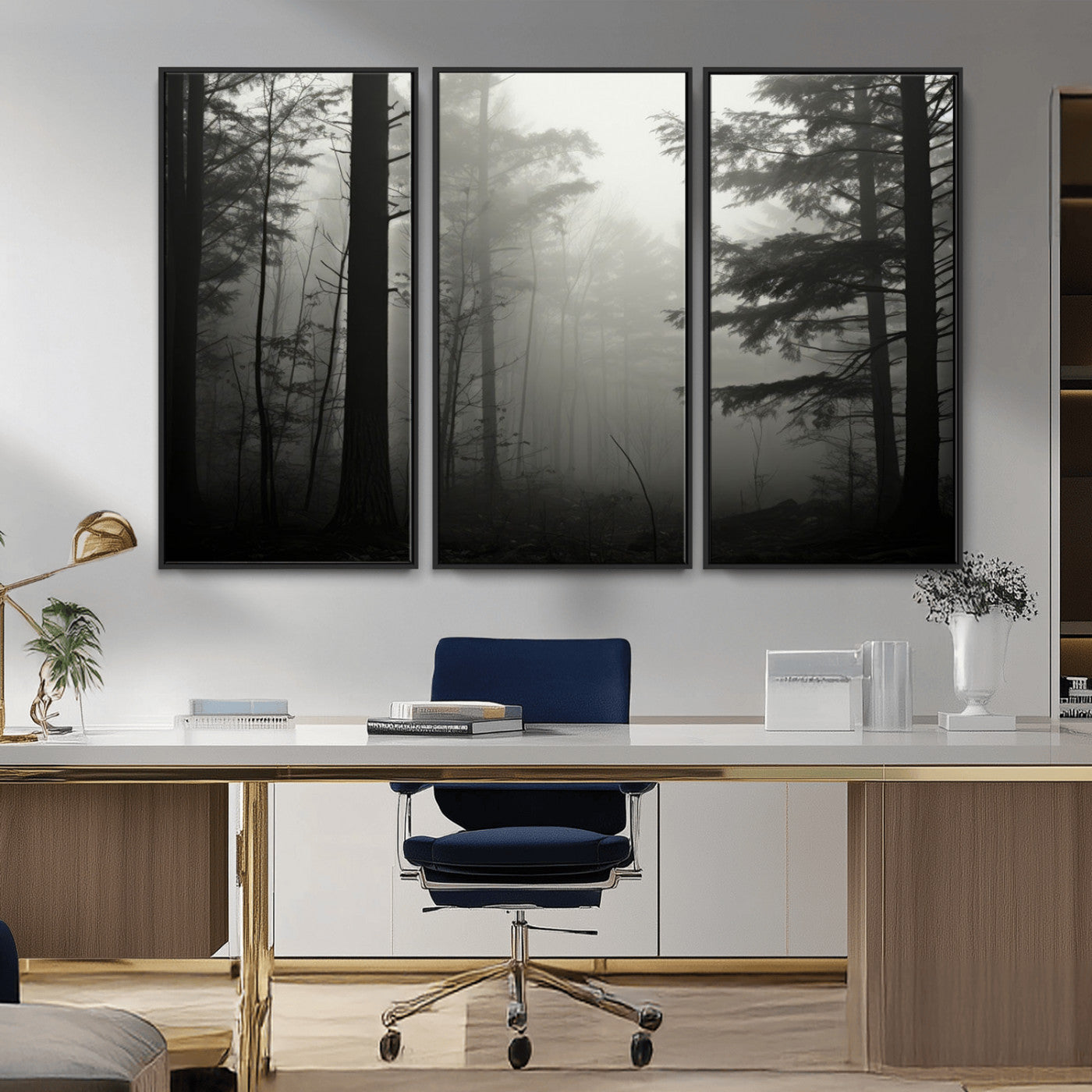 63515-MGV-FC-48X32-3P_Black-Misty Forest Wall Art Premium Canvas Print a Foggy and Serene Atmosphere - Nature Wall Art