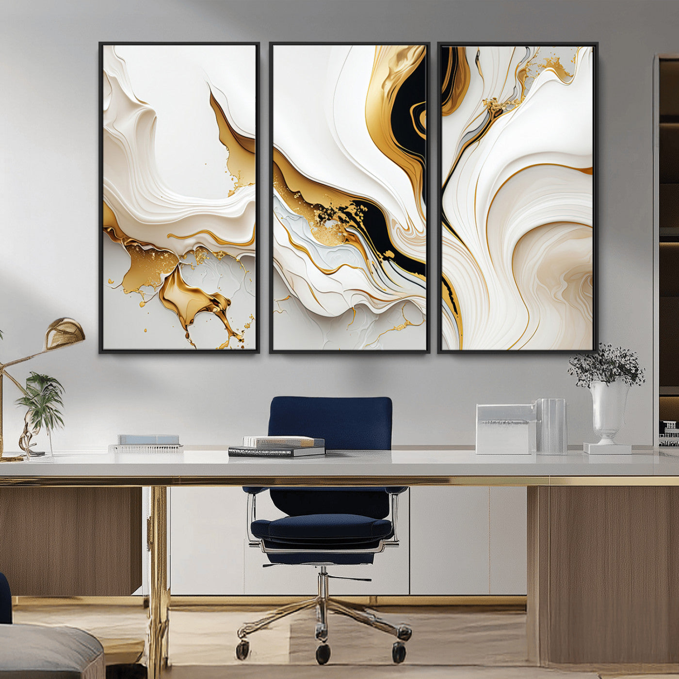 98637-MGV-CV-36X24-Gold Waves on Pure White Canvas – Gold Abstract Art for Modern Interiors | Wall Art Canvas, Framed &