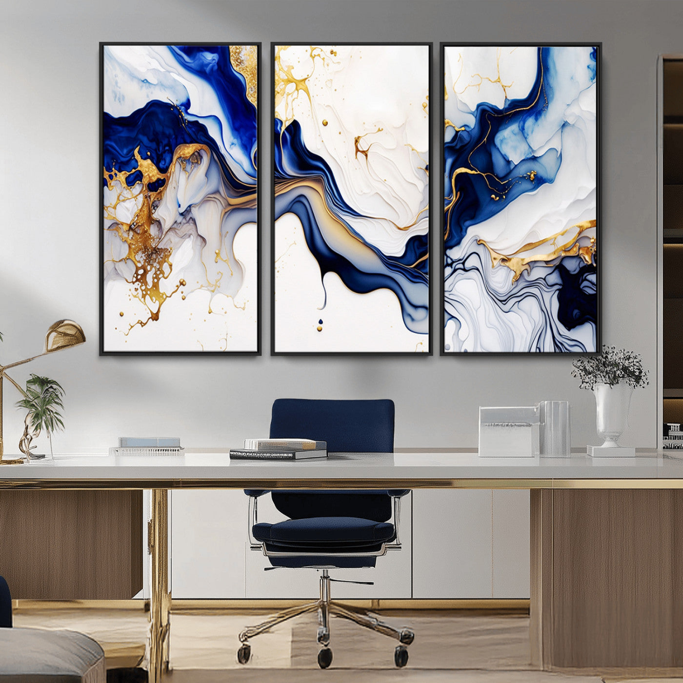 93392-MGV-CV-36X24-Golden Cascades on Midnight Blue – Deep Blue Abstract Wall Art Flowing Elegance | Wall Art Canvas,