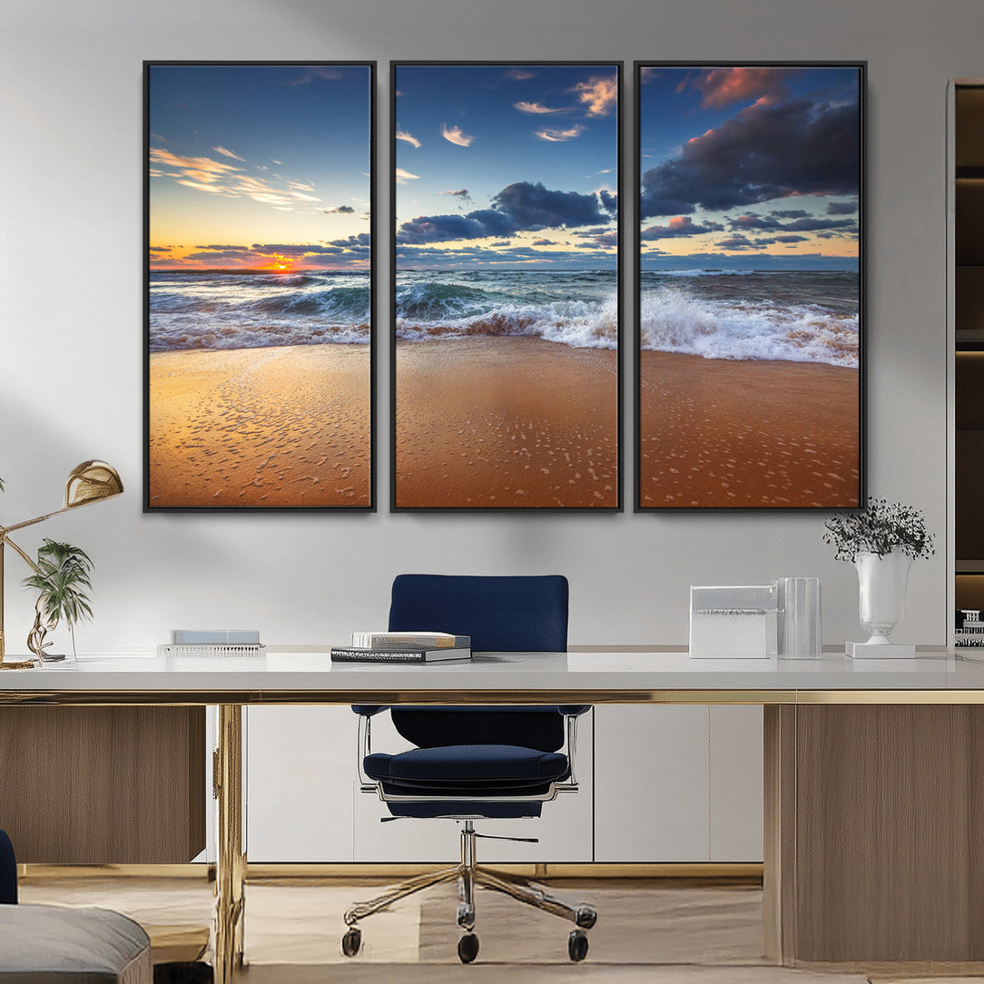 85899-MGV-FC-48X32-3P_Black-Beach Canvas Wall Art - Coastal Seascape Print for Living Room or Bedroom, Ocean Waves on Sand,