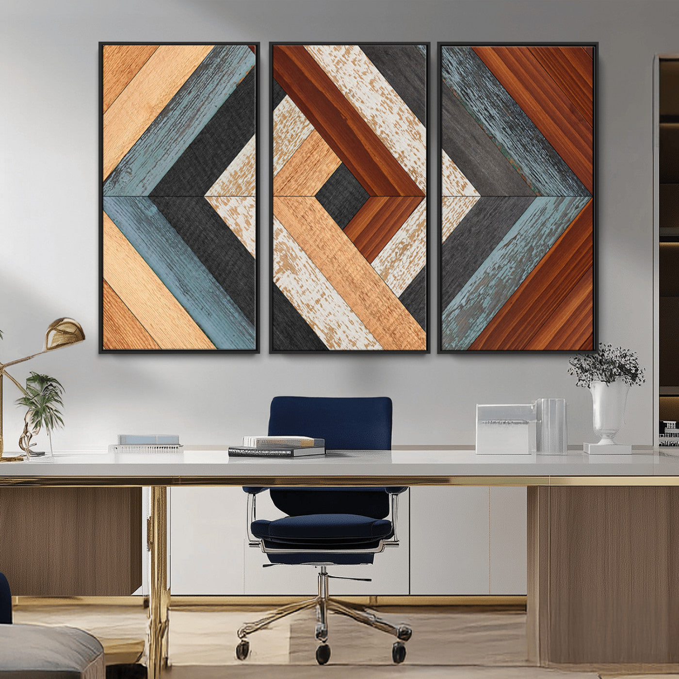 20897-MGV-CV-36X24-Geometric Wood Art Wall Decor Canvas Print, Rustic Wooden Pattern Triptych Wall Art for Living Room